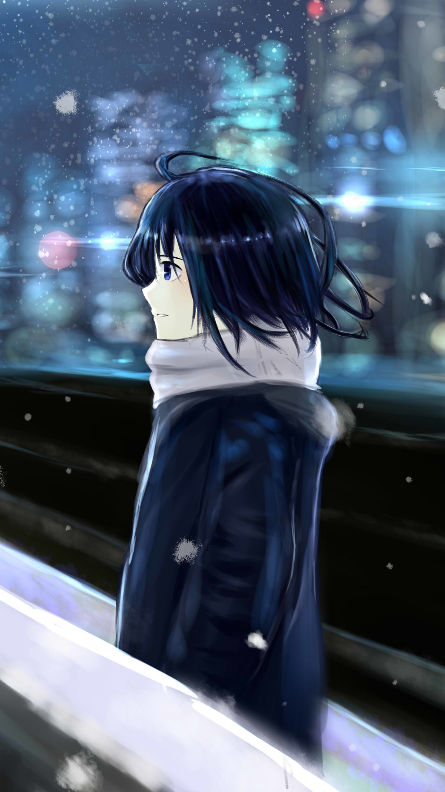 anime, original, cold, city, snow, scarf, light, night 1080p