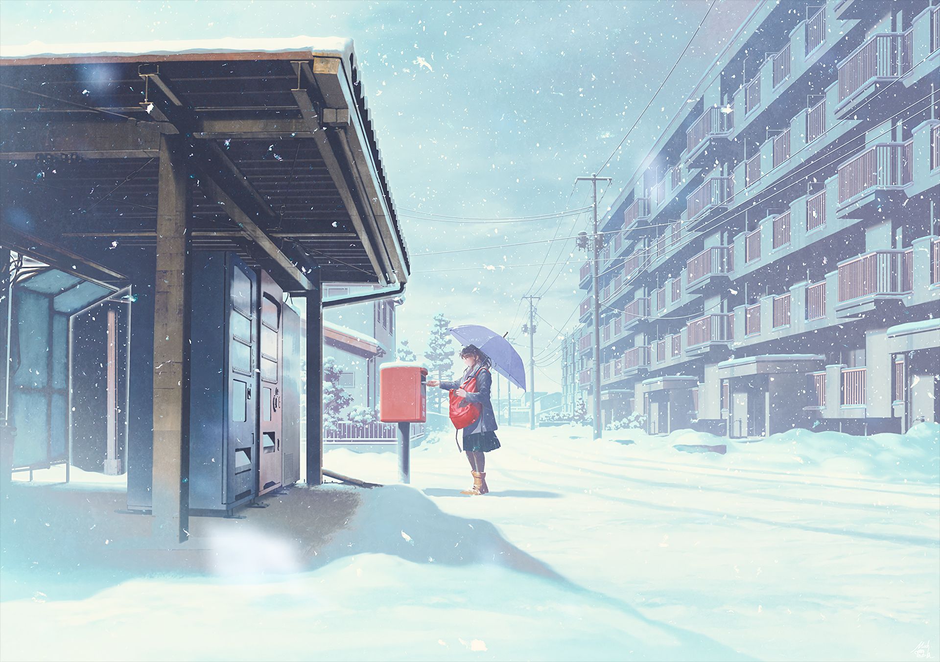 anime, winter, apartment, snow