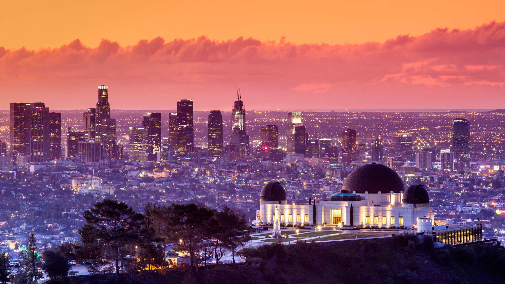 Download mobile wallpaper Cities, Usa, City, Skyscraper, Building, Horizon, Cityscape, Los Angeles, Man Made, Griffith Observatory for free.