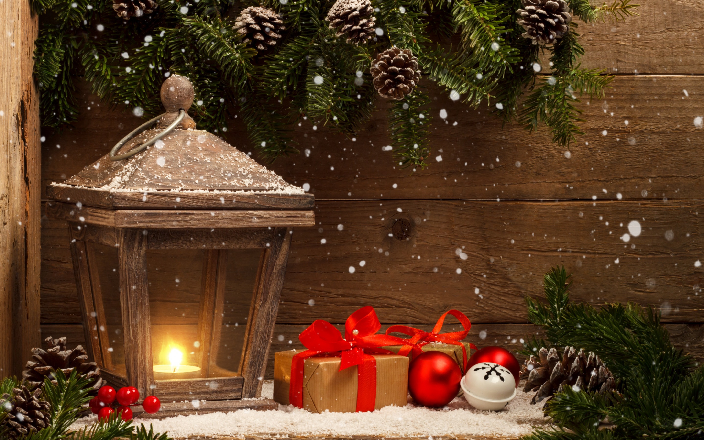 holiday, christmas, christmas ornaments, gift, lantern, light, snow, wooden 4K, Ultra HD