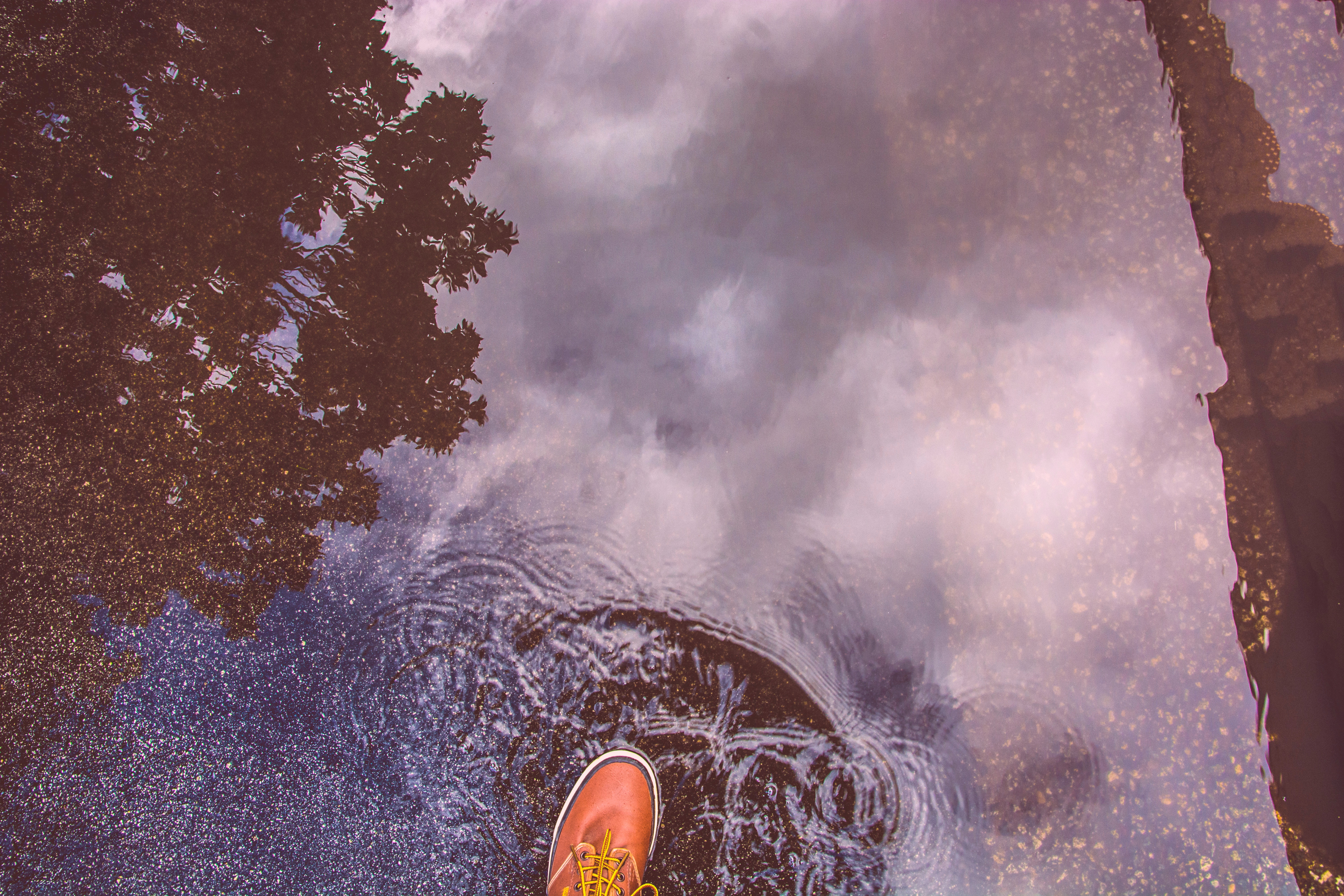 water, reflection, miscellanea, miscellaneous, puddle, leg, boot