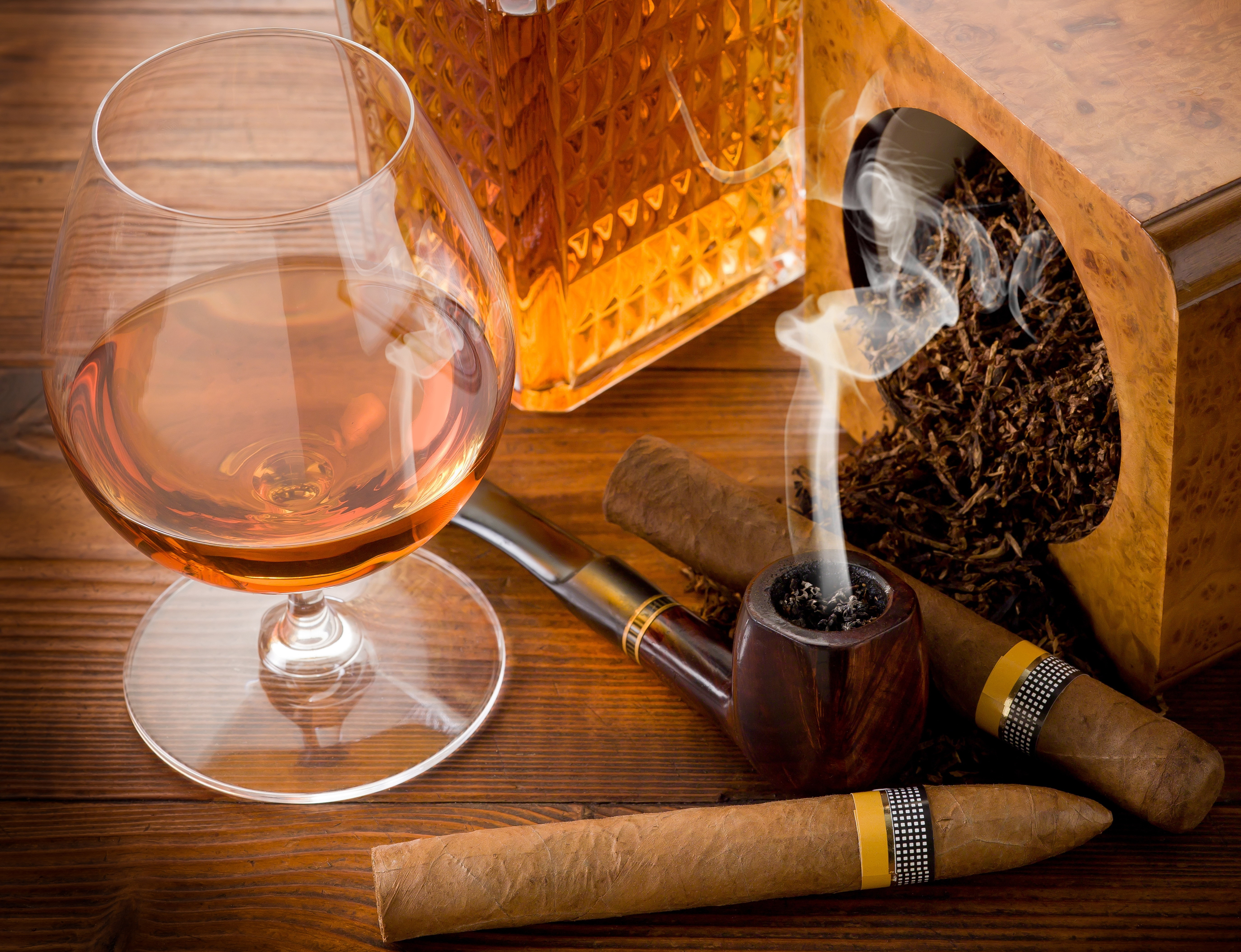 food, whisky, brandy, cigar, glass, smoking pipe, table HD wallpaper