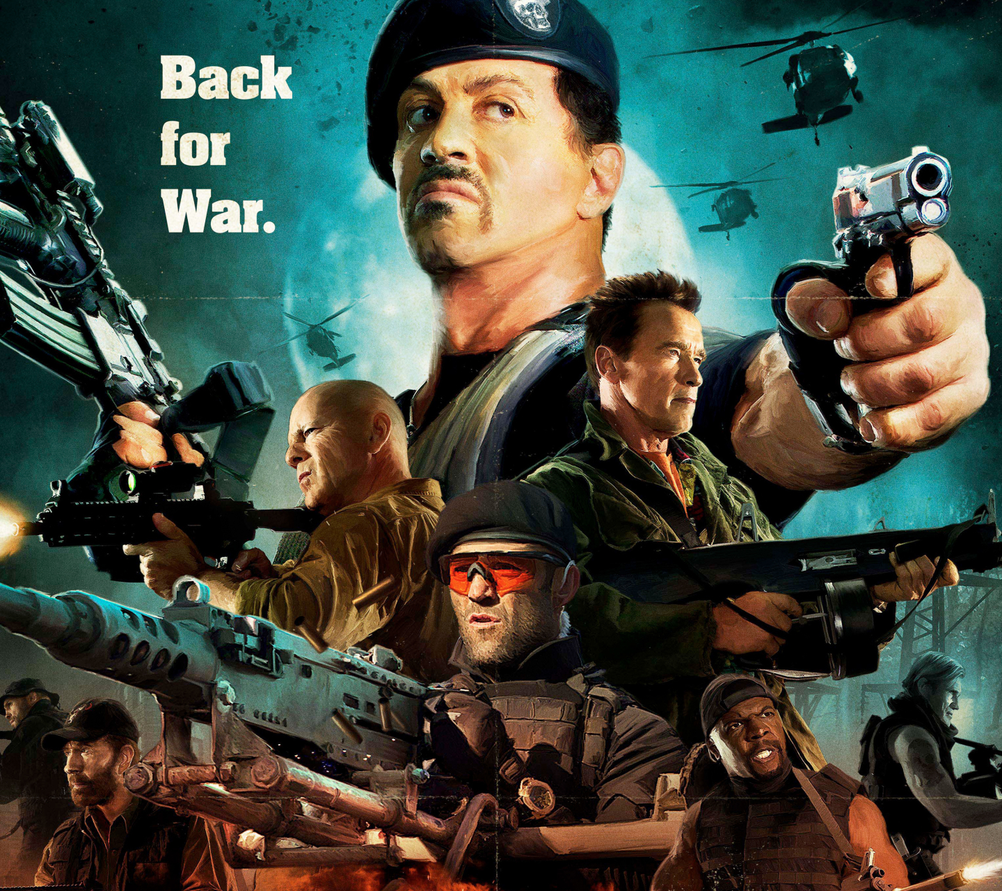 movie, the expendables 2, chuck norris, randy couture, bruce willis, sylvester stallone, arnold schwarzenegger, dolph lundgren, jason statham, terry crews, hale caesar, barney ross, trench (the expendables), lee christmas, gunnar jensen, toll road, booker (the expendables), church (the expendables), the expendables QHD