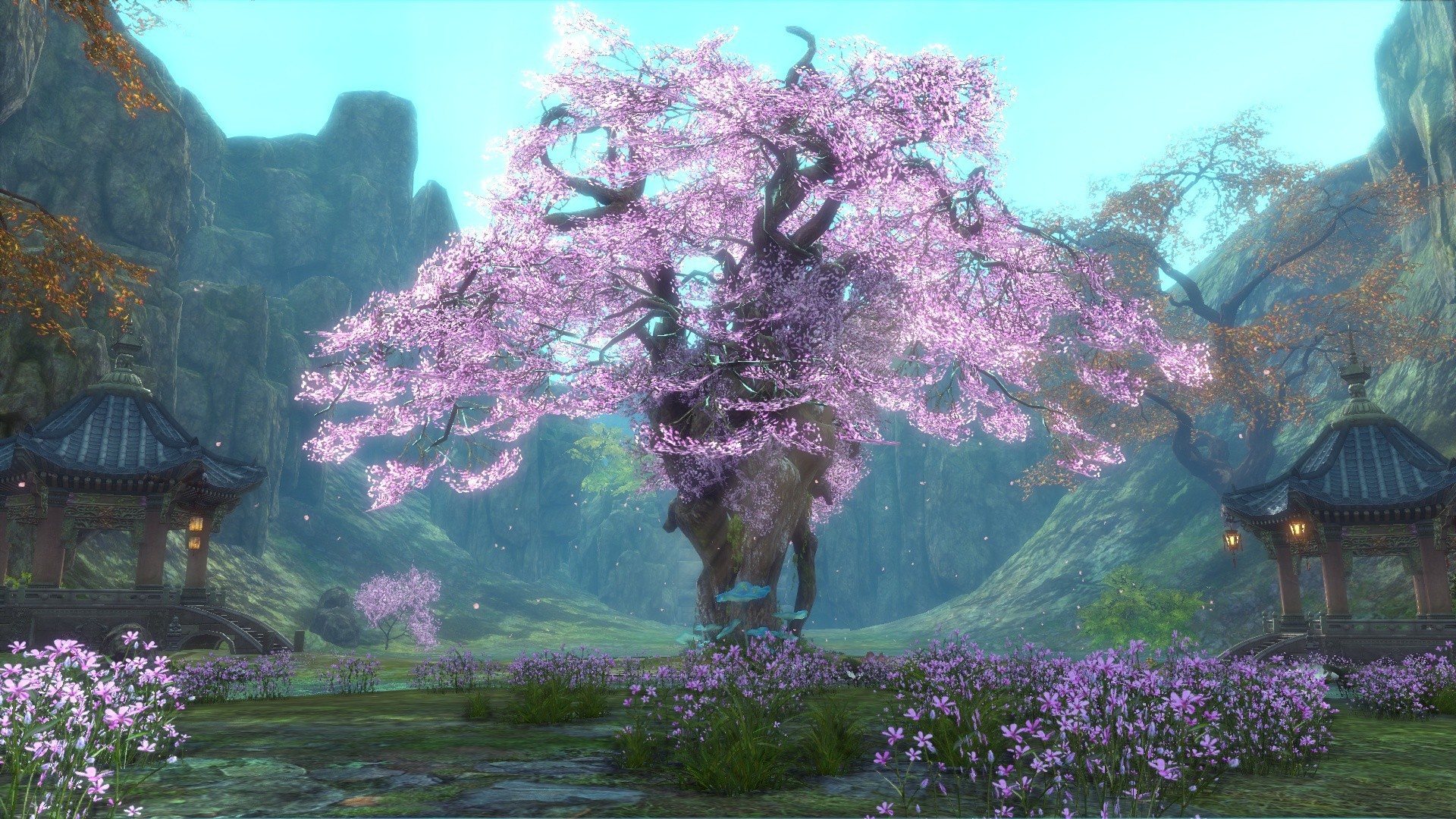 pagoda, fantasy, landscape, mountain, pink, tree