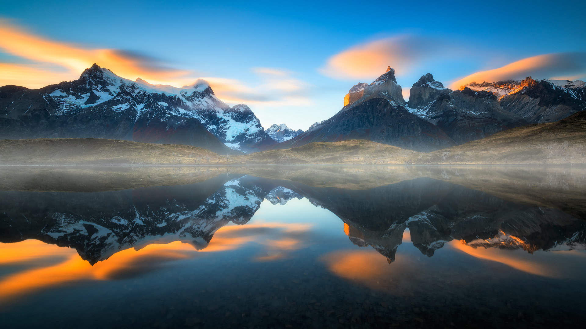 earth, torres del paine, chile, fog, lake, landscape, mountain, sunset, mountains 8K