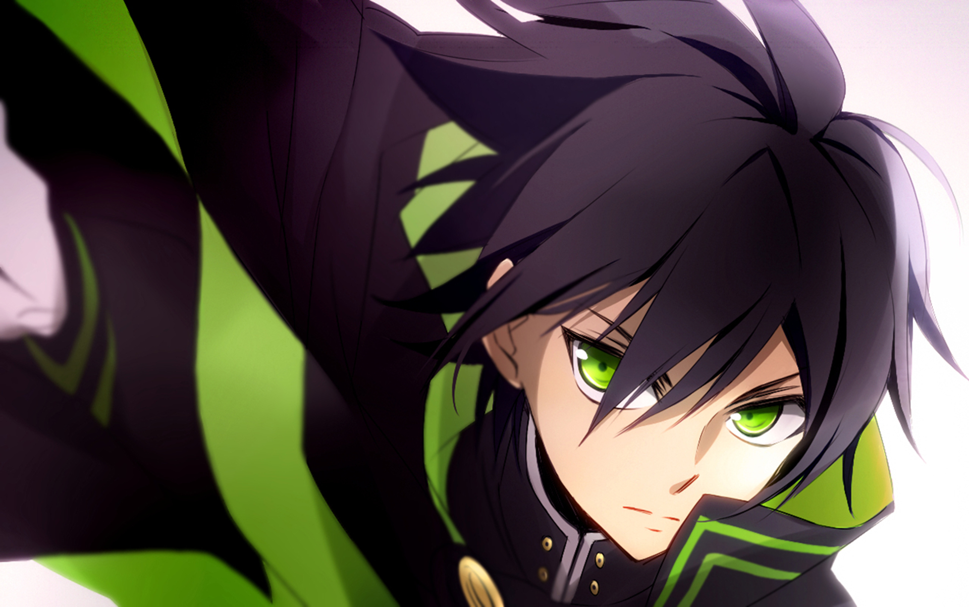 black hair, anime, seraph of the end, green eyes, uniform, yūichirō hyakuya