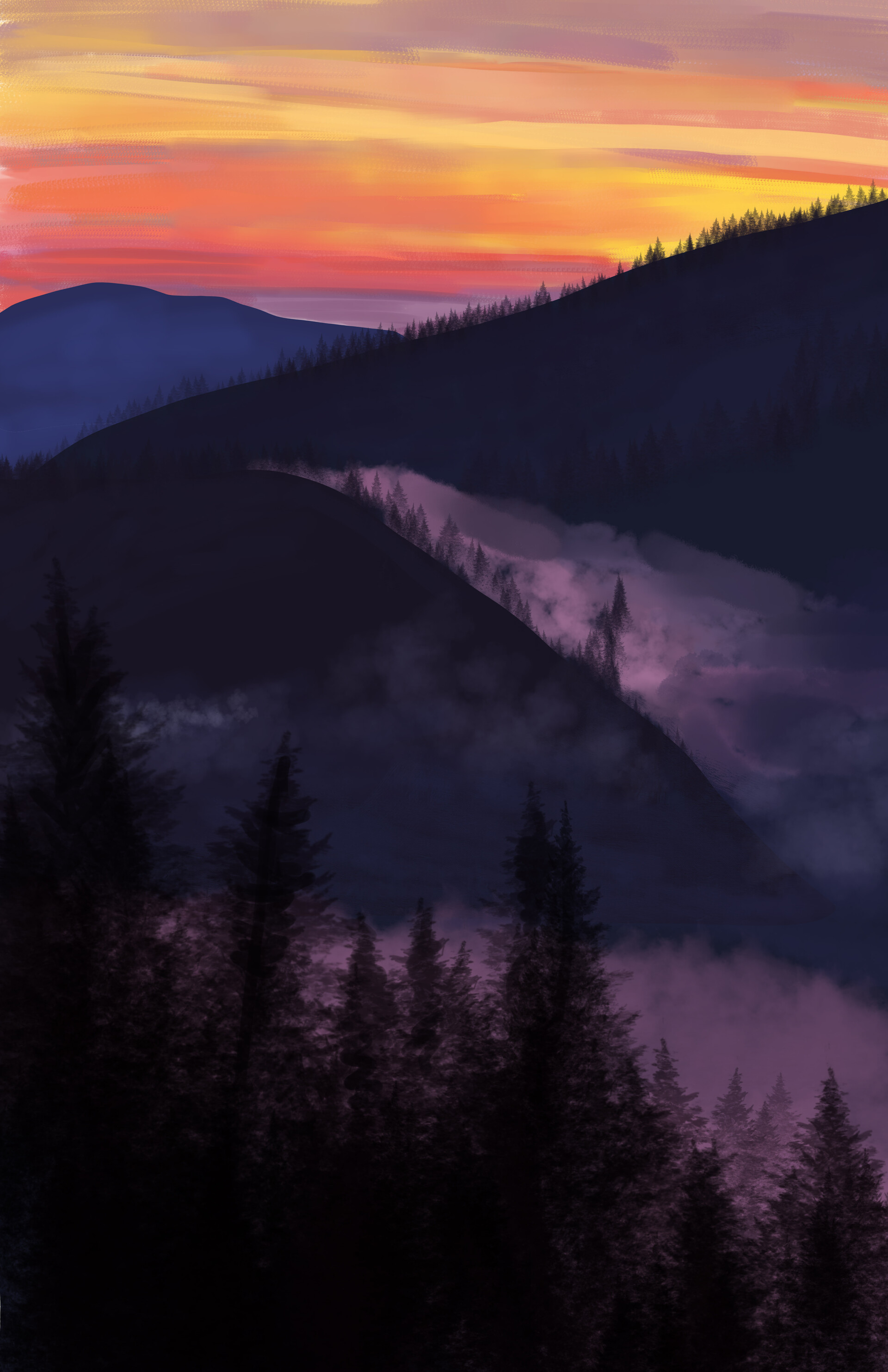 Download mobile wallpaper Fog, Trees, Hills, Art for free.