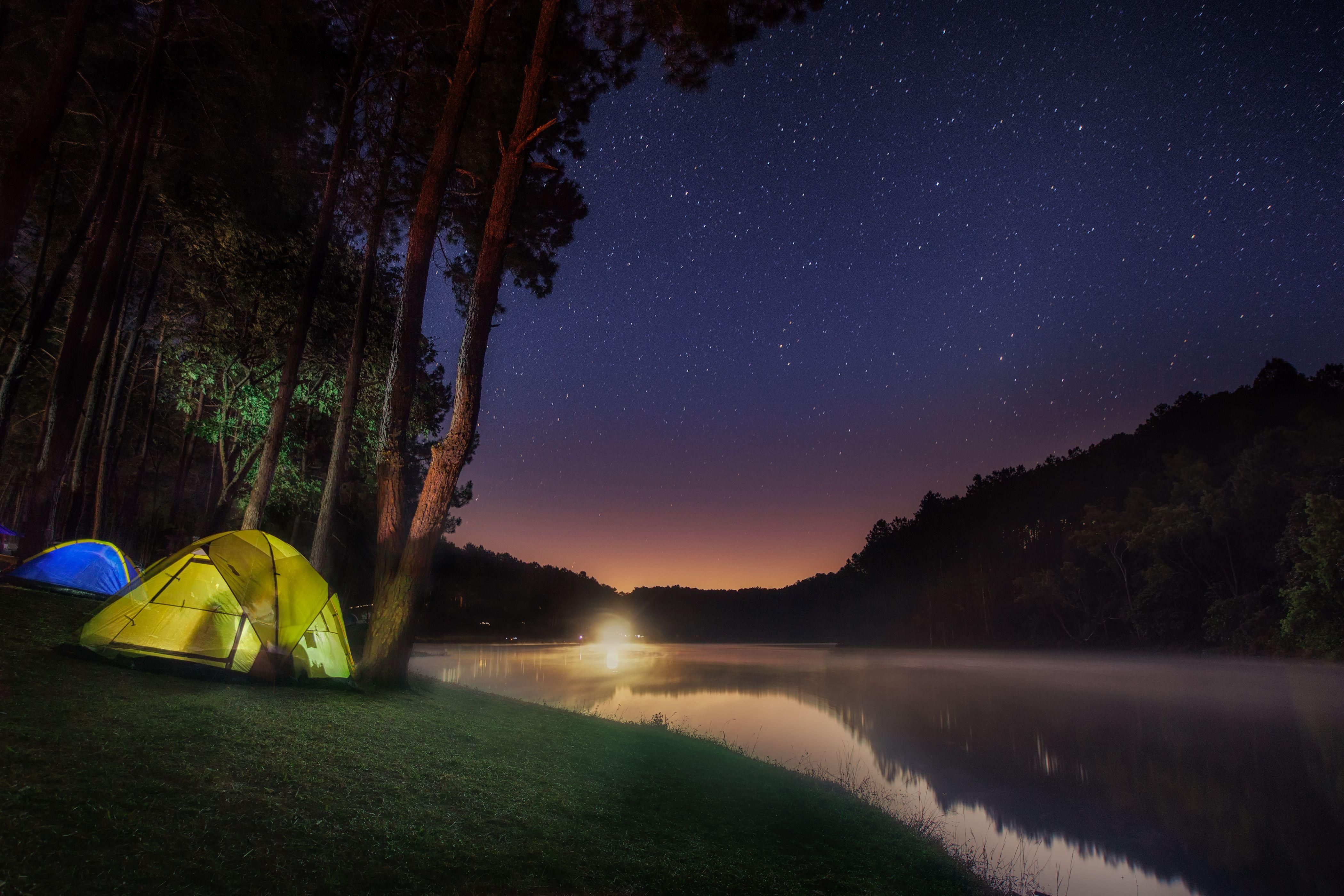 camping, photography, camp, forest, lake, light, starry sky, tent
