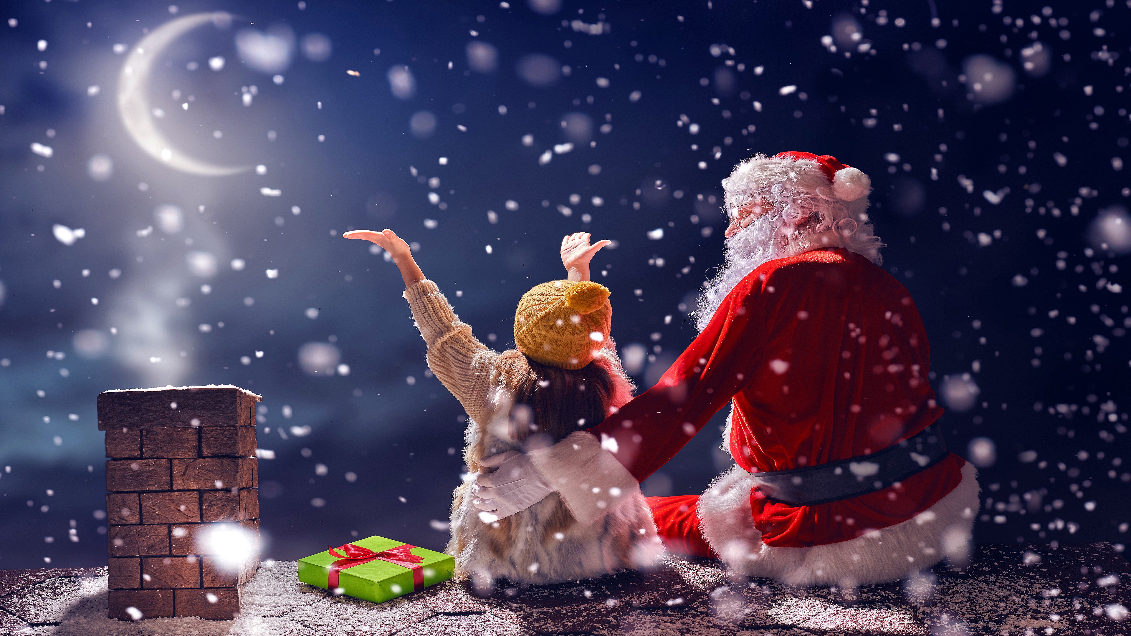 Download mobile wallpaper Night, Christmas, Holiday, Santa, Snowfall, Little Girl for free.