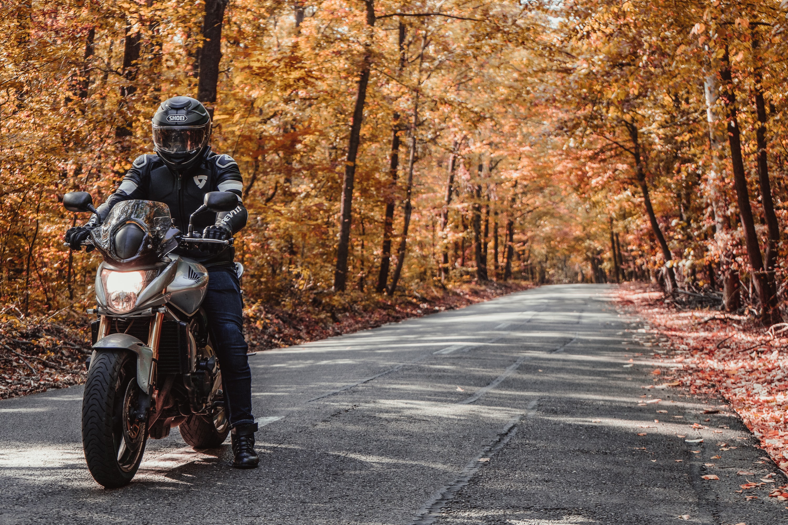 147603 descargar imagen motocicleta, otoño, motocicletas, casco, camino, motociclista, bicicleta: fondos de pantalla y protectores de pantalla gratis