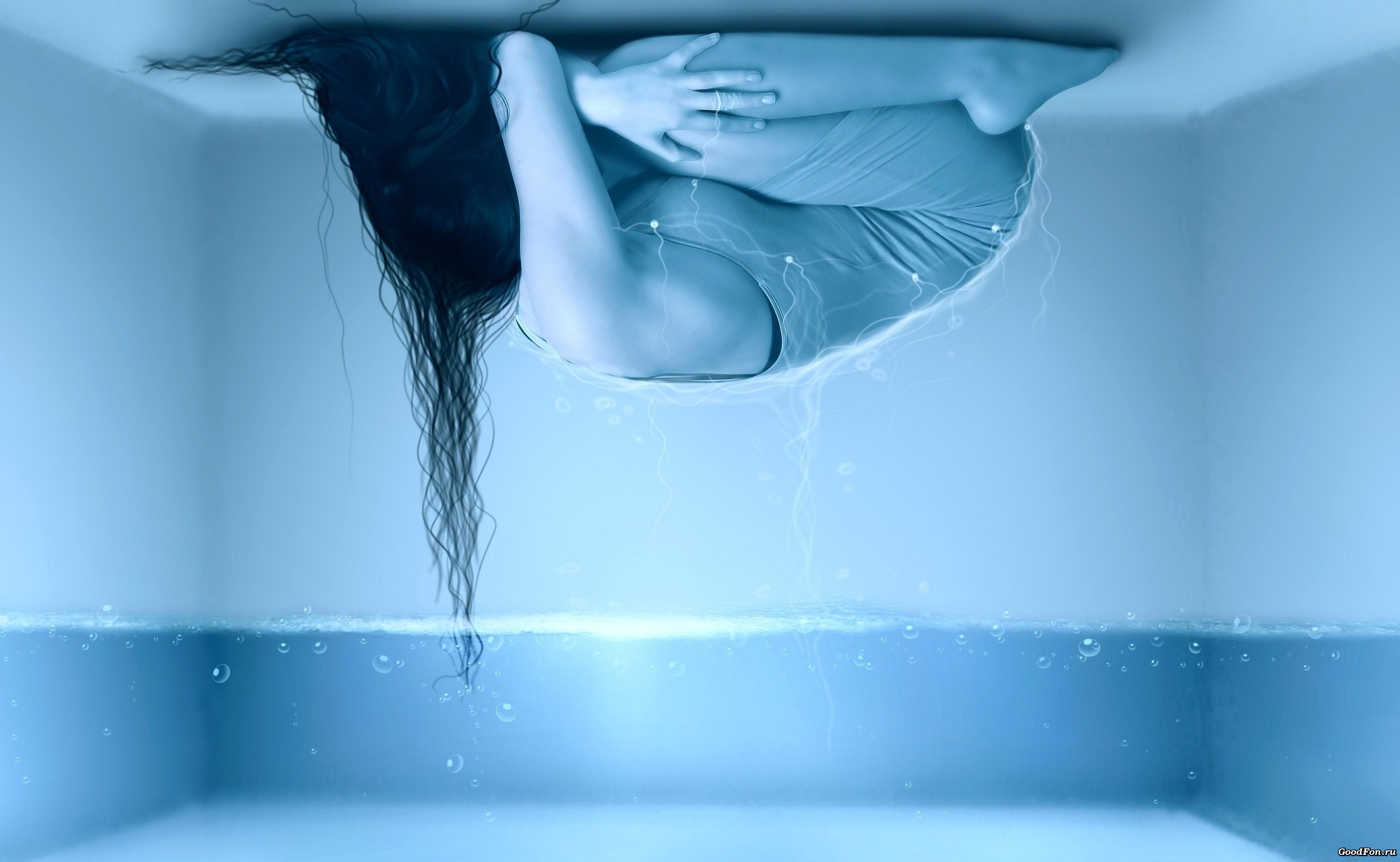 loneliness, water, bubbles, miscellanea, miscellaneous, lies, girl, room, hair, ceiling UHD