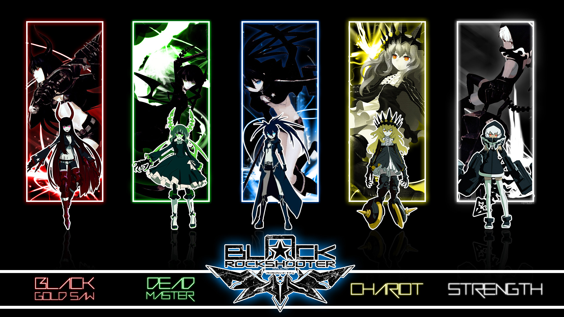 anime, black rock shooter, black gold saw, chariot (black rock shooter), dead master (black rock shooter), strength (black rock shooter) 4K