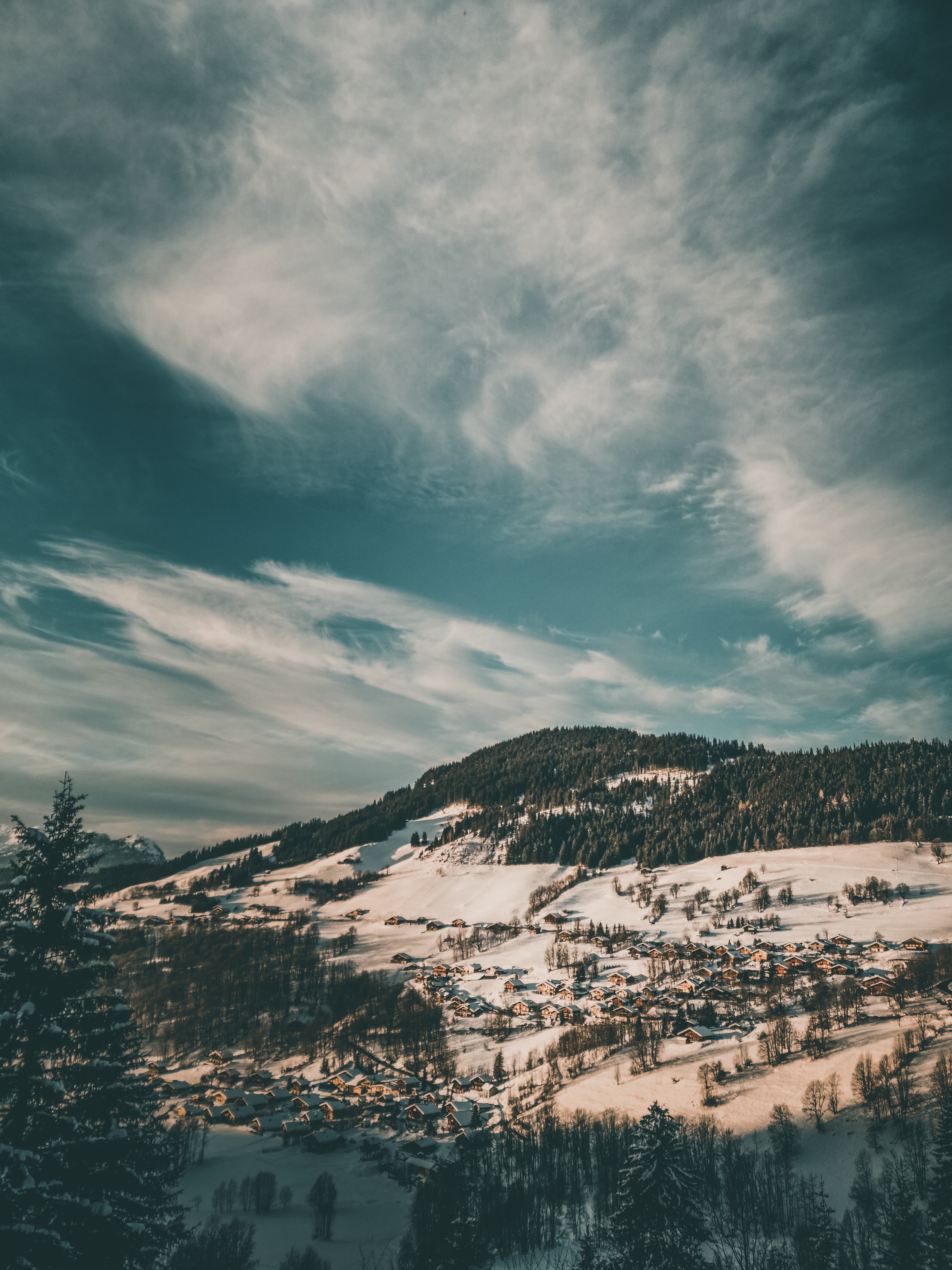 view from above, winter, nature, clouds, snow, village, woods, scaffolding HD wallpaper