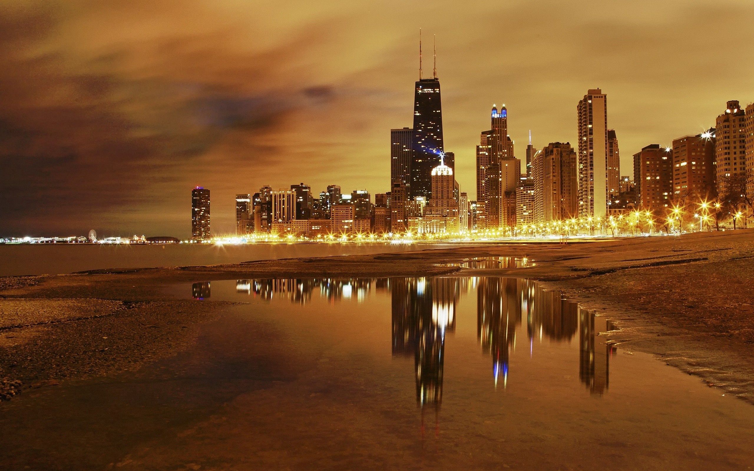 84140 télécharger le fond d'écran chicago, plage, villes, gratte ciel, imeuble, bâtiment, lumières de la ville, grattes ciels, soir, hdr - économiseurs d'écran et images gratuitement