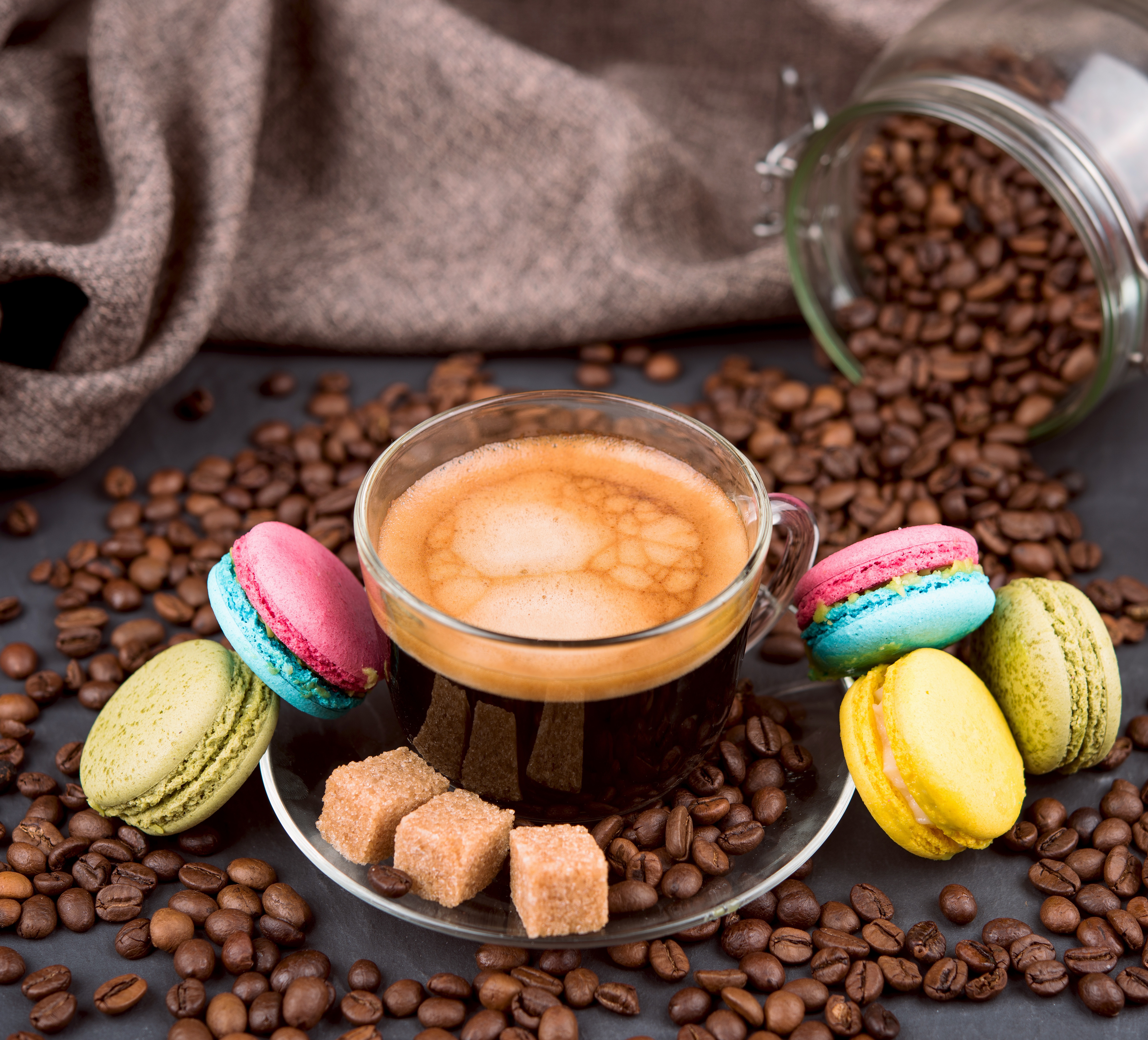 food, coffee, coffee beans, cup, macaron, still life, sugar, sweets download HD wallpaper