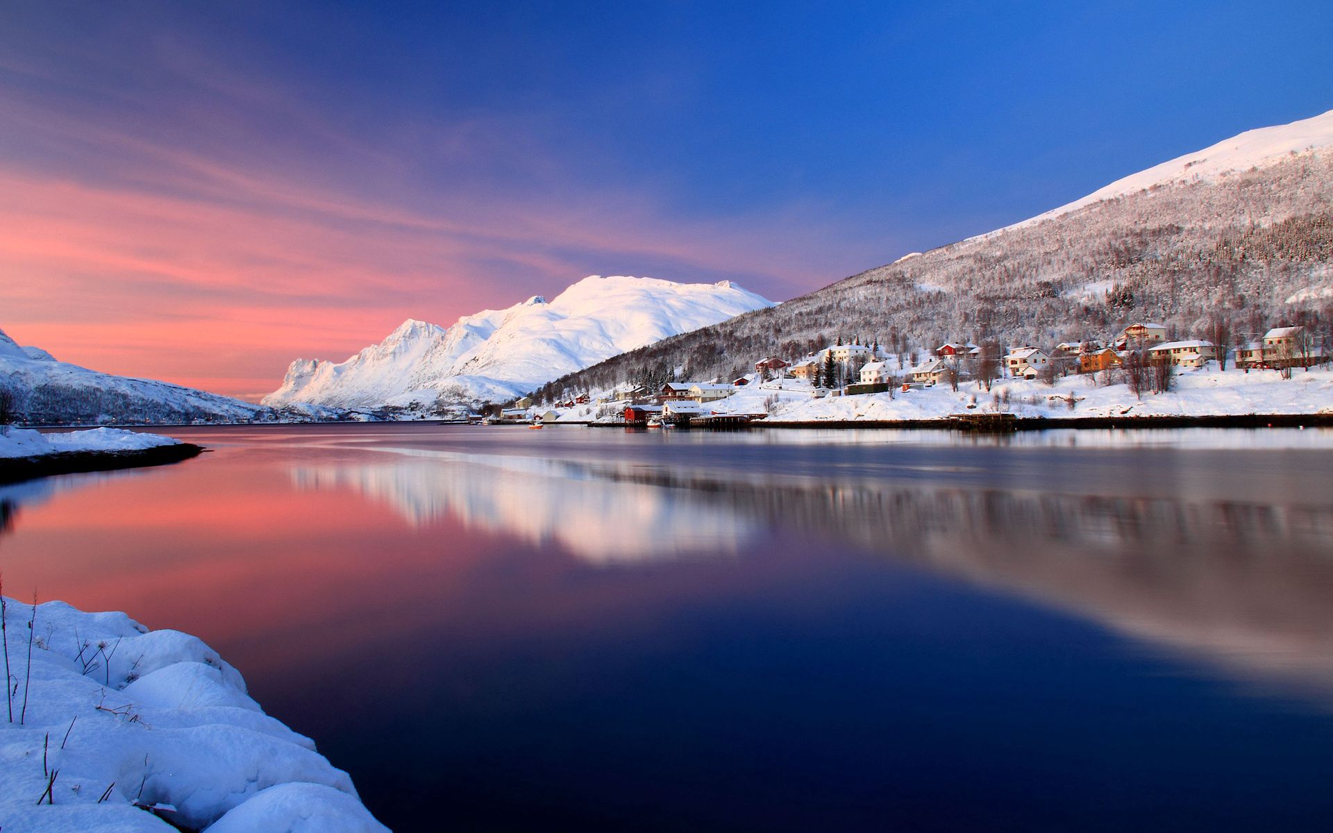 nature, houses, rivers, sky, mountains, snow, blue, reflection, smooth, surface, water surface, silence