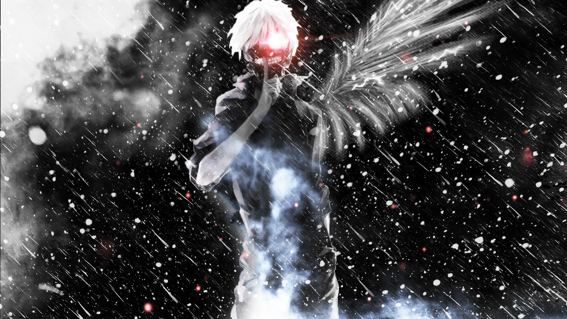 anime, white hair, mask, tokyo ghoul, wings, glowing eyes, ken kaneki, rain Smartphone Background