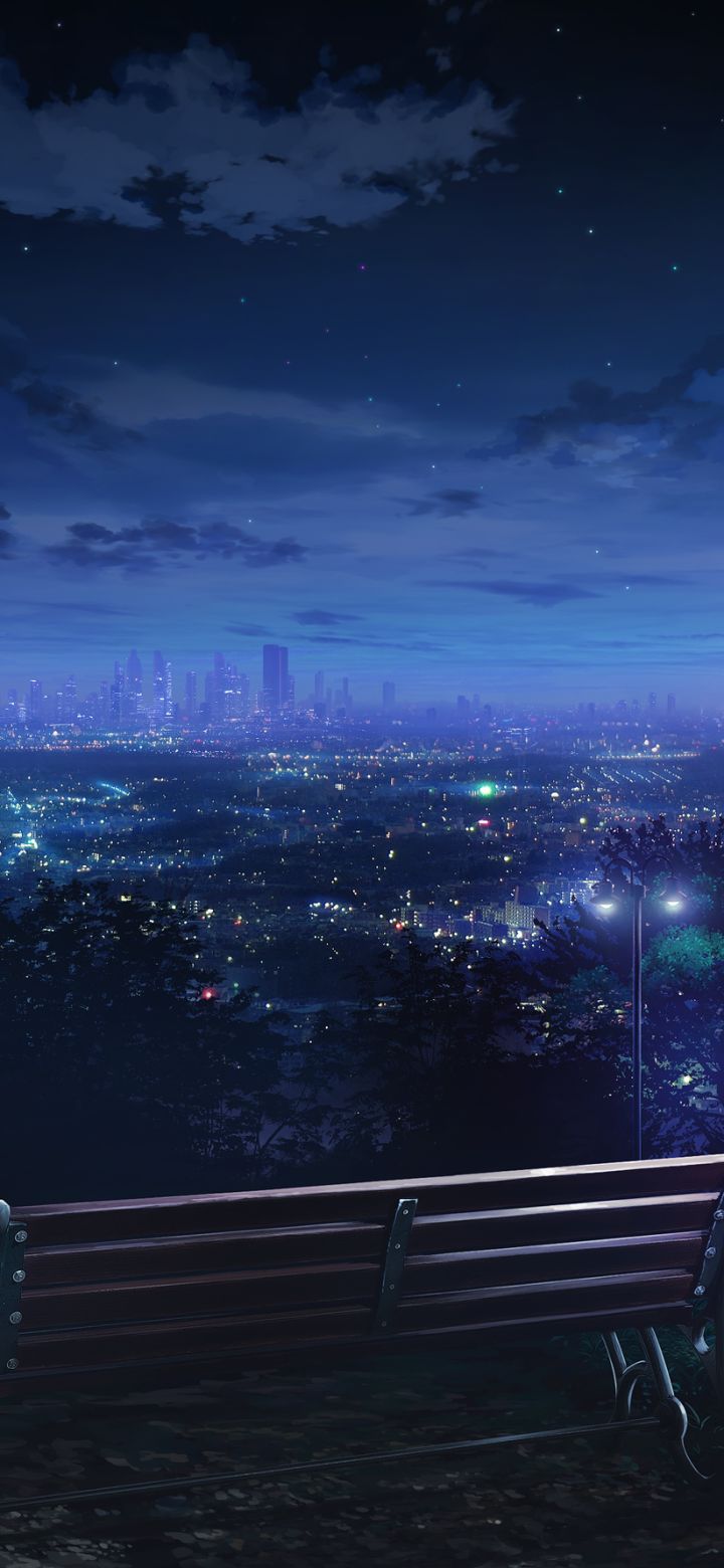 city, street light, anime, bench, night lock screen backgrounds