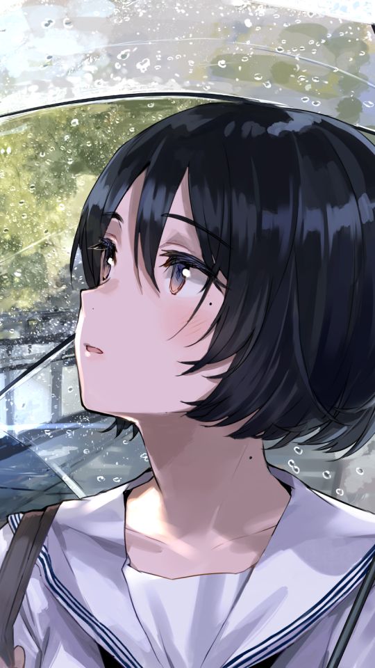 Download mobile wallpaper Anime, Rain, Umbrella, Original, Blush, Brown Eyes, Black Hair, Short Hair for free.