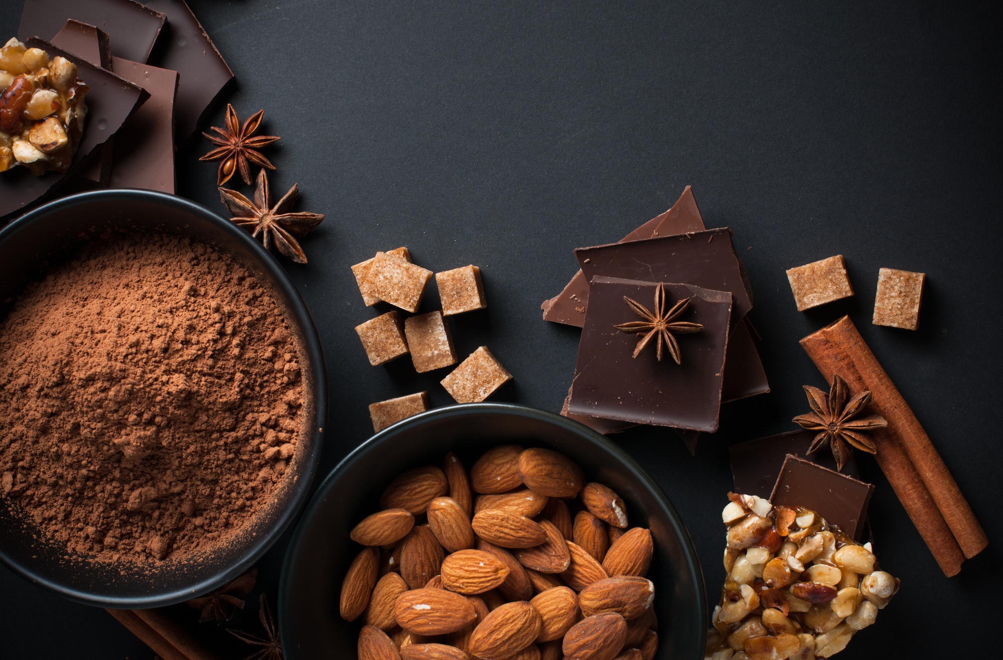 cinnamon, food, chocolate, almond, star anise, sugar phone background