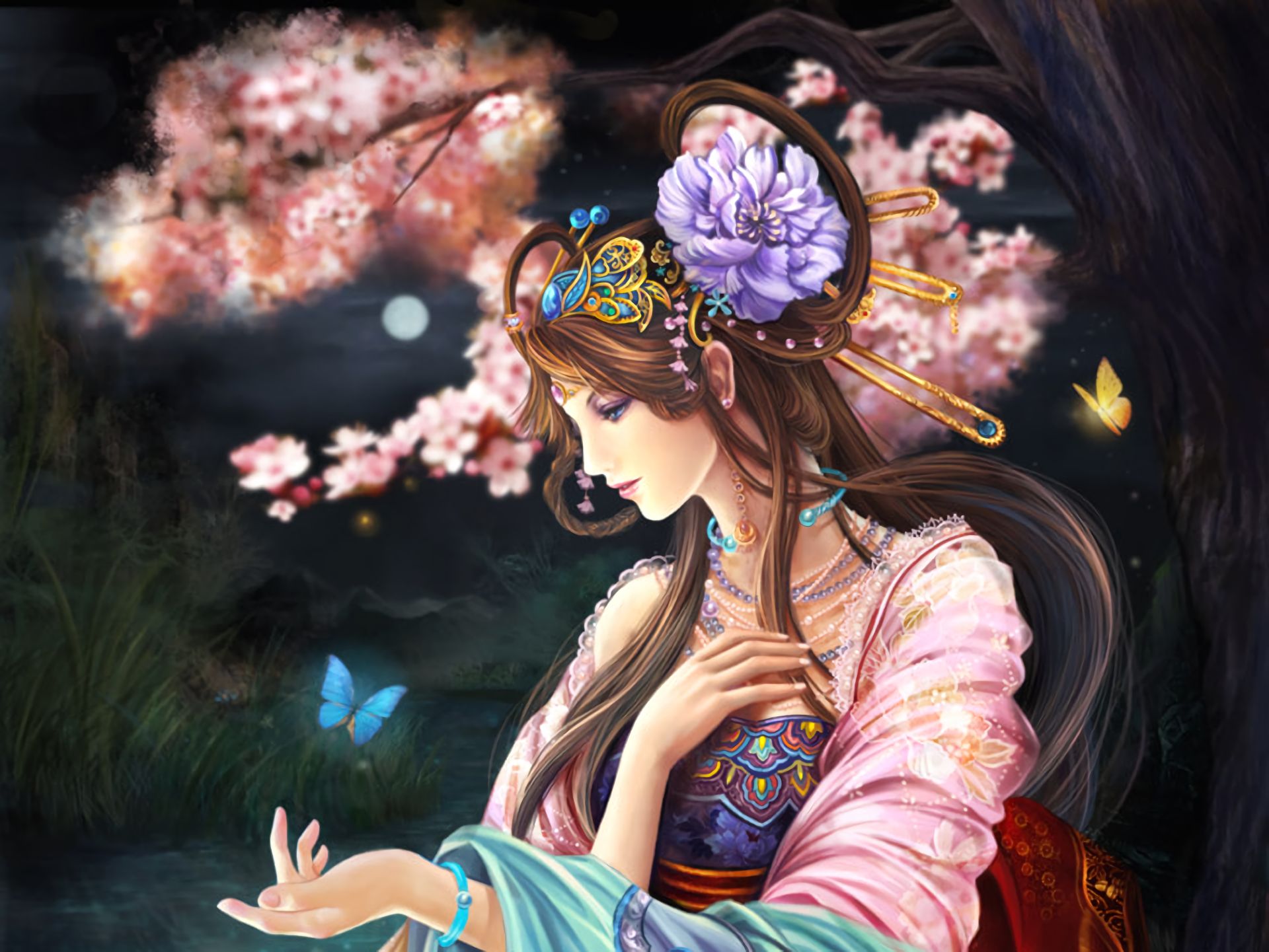 Free download wallpaper Fantasy, Flower, Forest, Tree, Butterfly, Women on your PC desktop