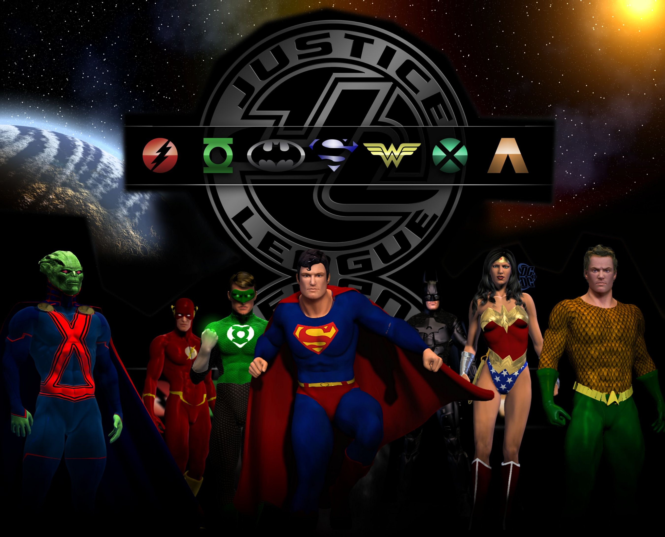 dc comics, comics, justice league, aquaman, barry allen, batman, diana prince, flash, green lantern, hal jordan, logo, martian manhunter, superman, wonder woman