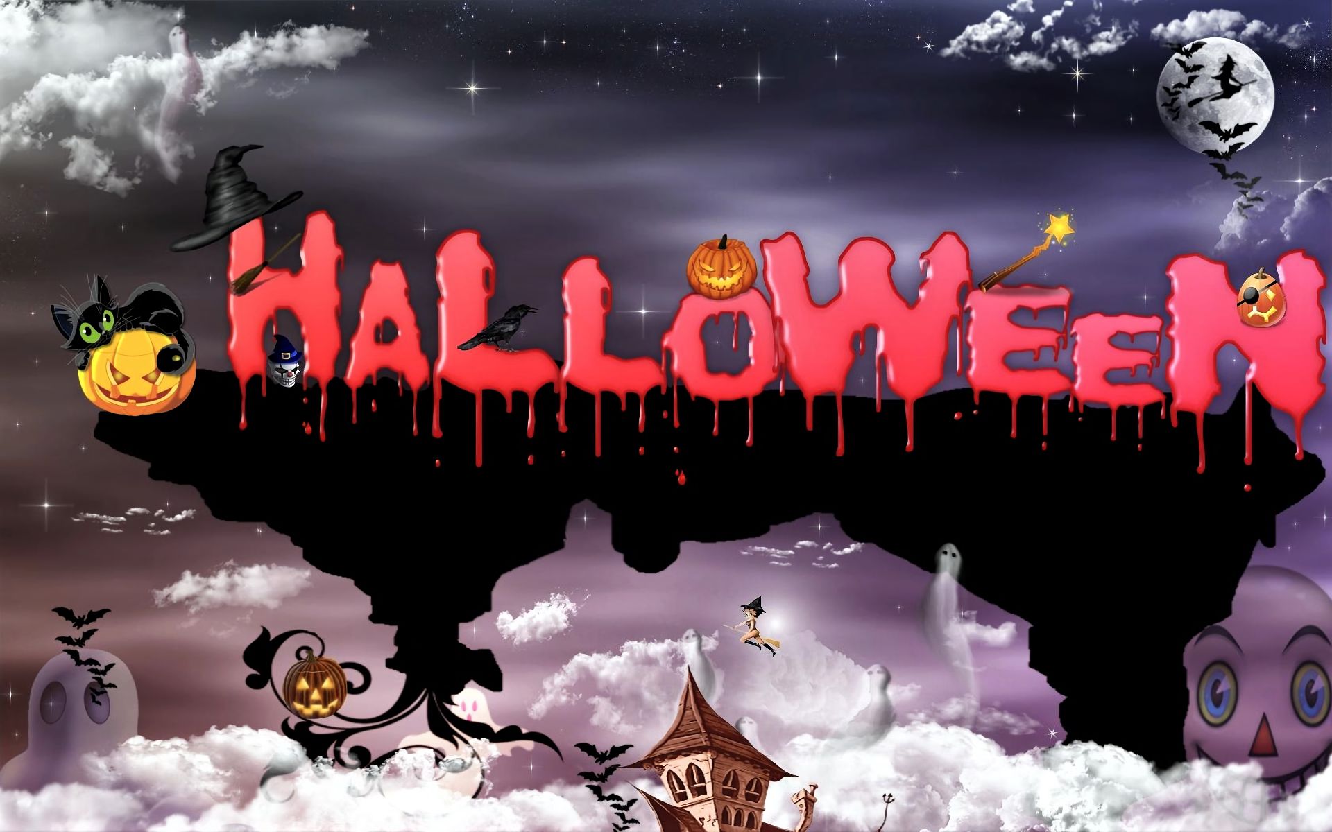 Download mobile wallpaper Halloween, Moon, Cat, Holiday, House, Bat, Jack O' Lantern for free.