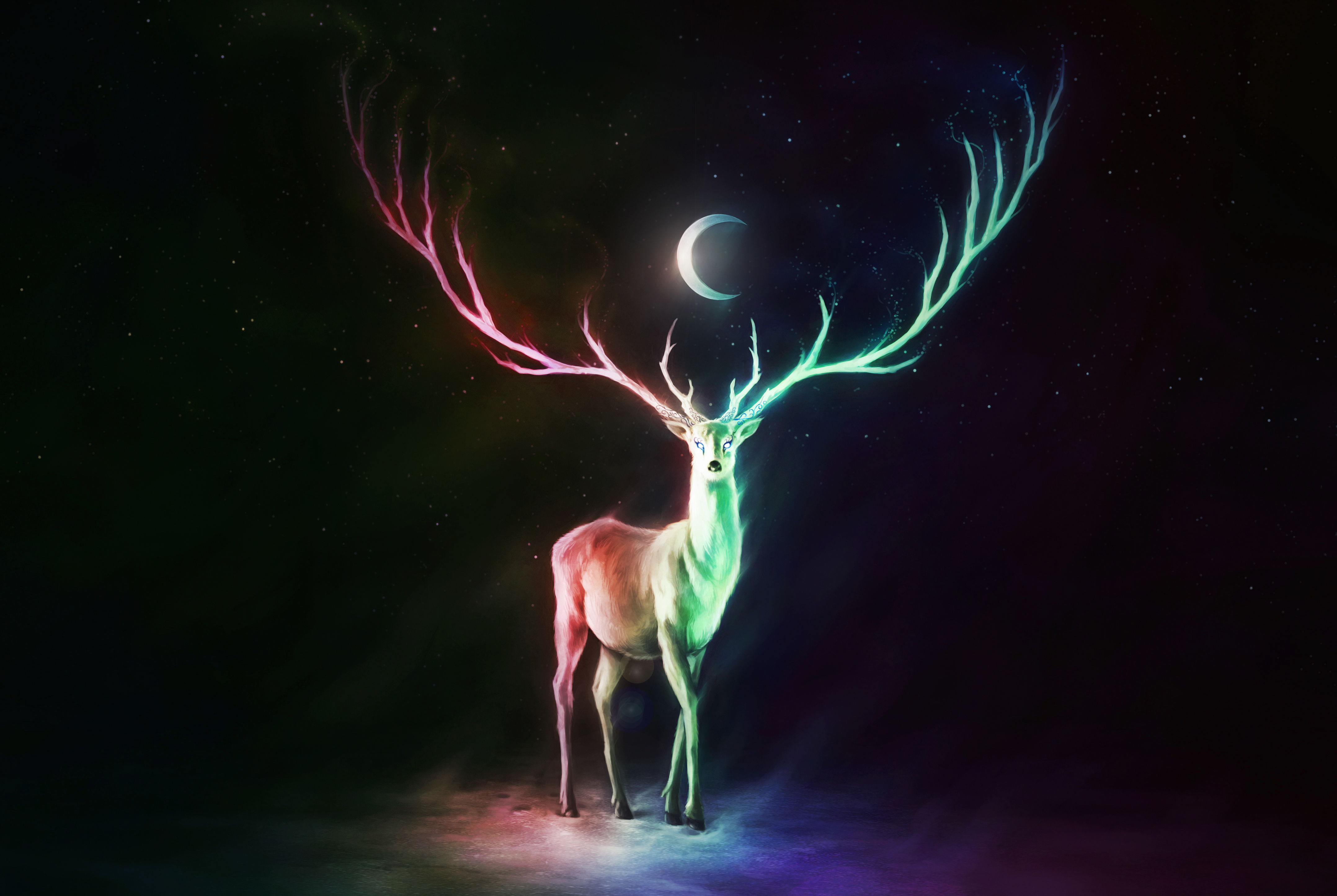 crescent, fantasy, deer, night, fantasy animals QHD