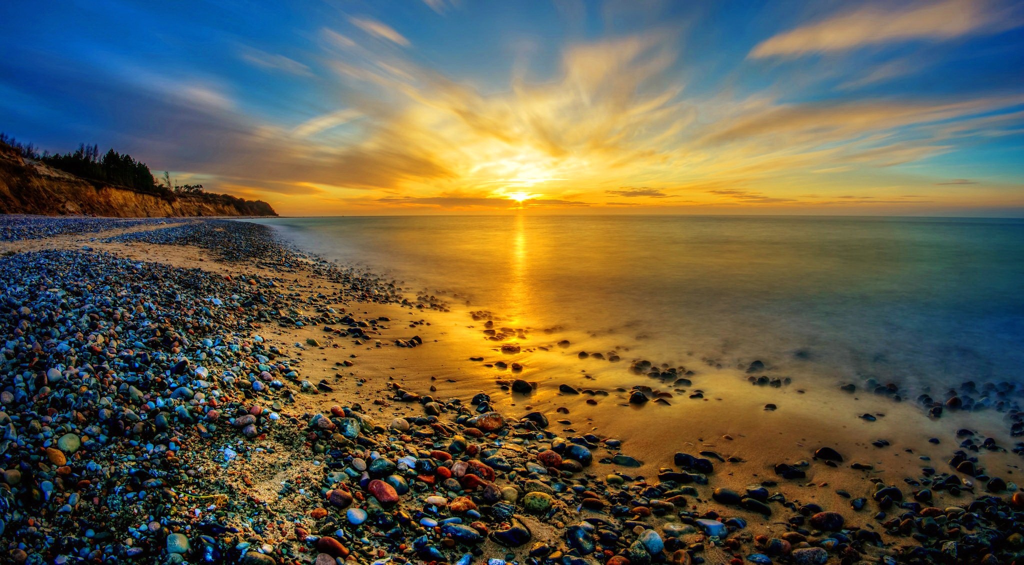 beach, earth, sunset, cloud, horizon, ocean, pebbles, sea, sky