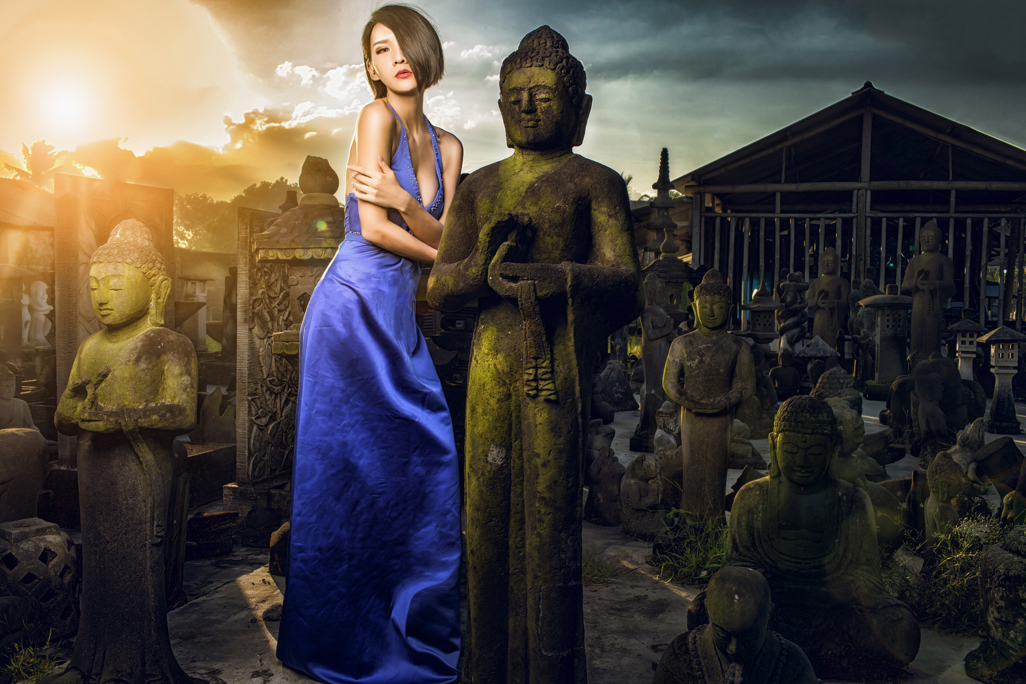 Download mobile wallpaper Buddha, Statue, Brunette, Model, Women, Asian, Blue Dress for free.