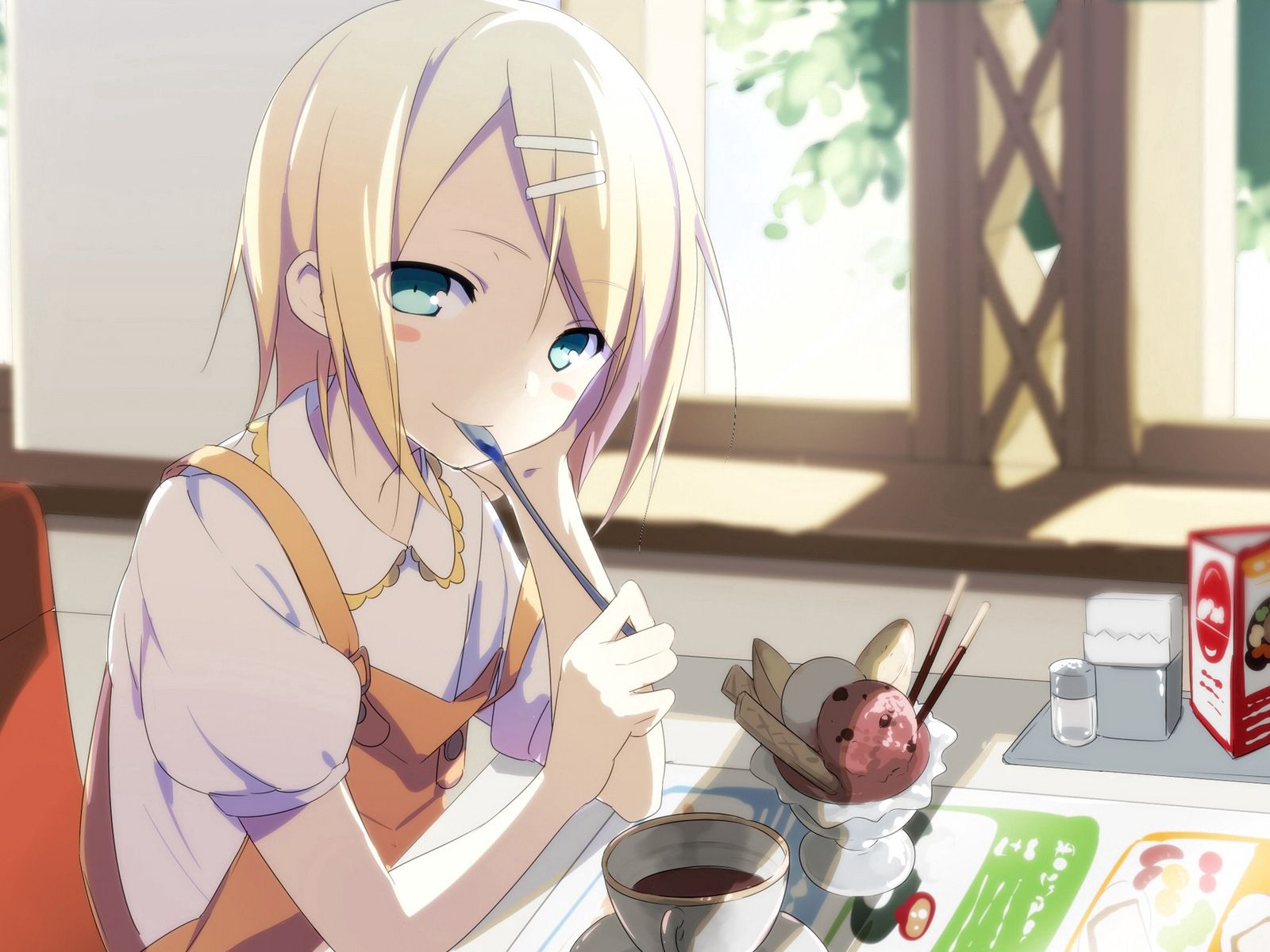 Download mobile wallpaper Cup, Desert, Blonde, Girl, Anime for free.