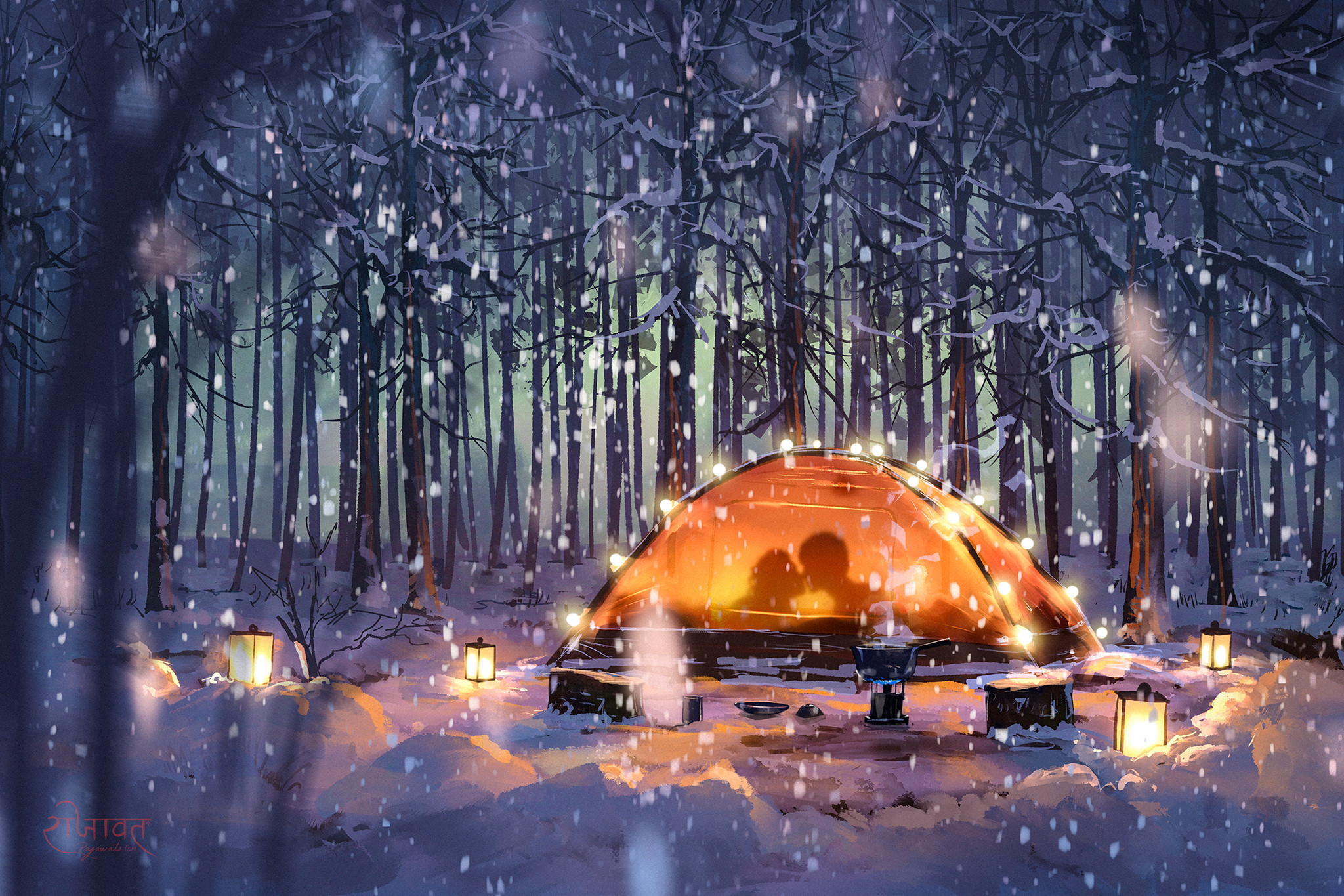 Аниме зима лес с фонарями