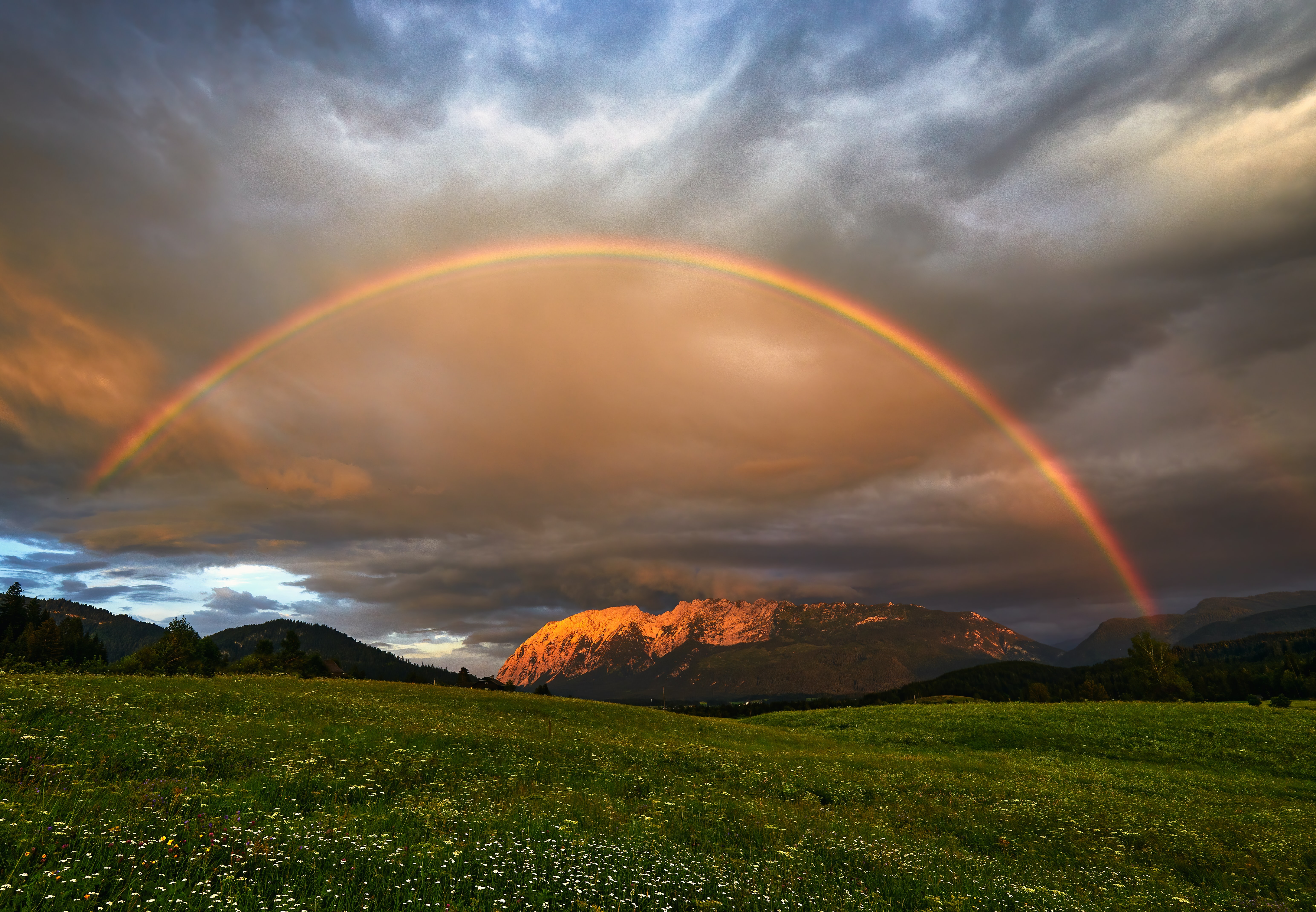 landscape, meadow, mountains, nature, rainbow 4K, Ultra HD