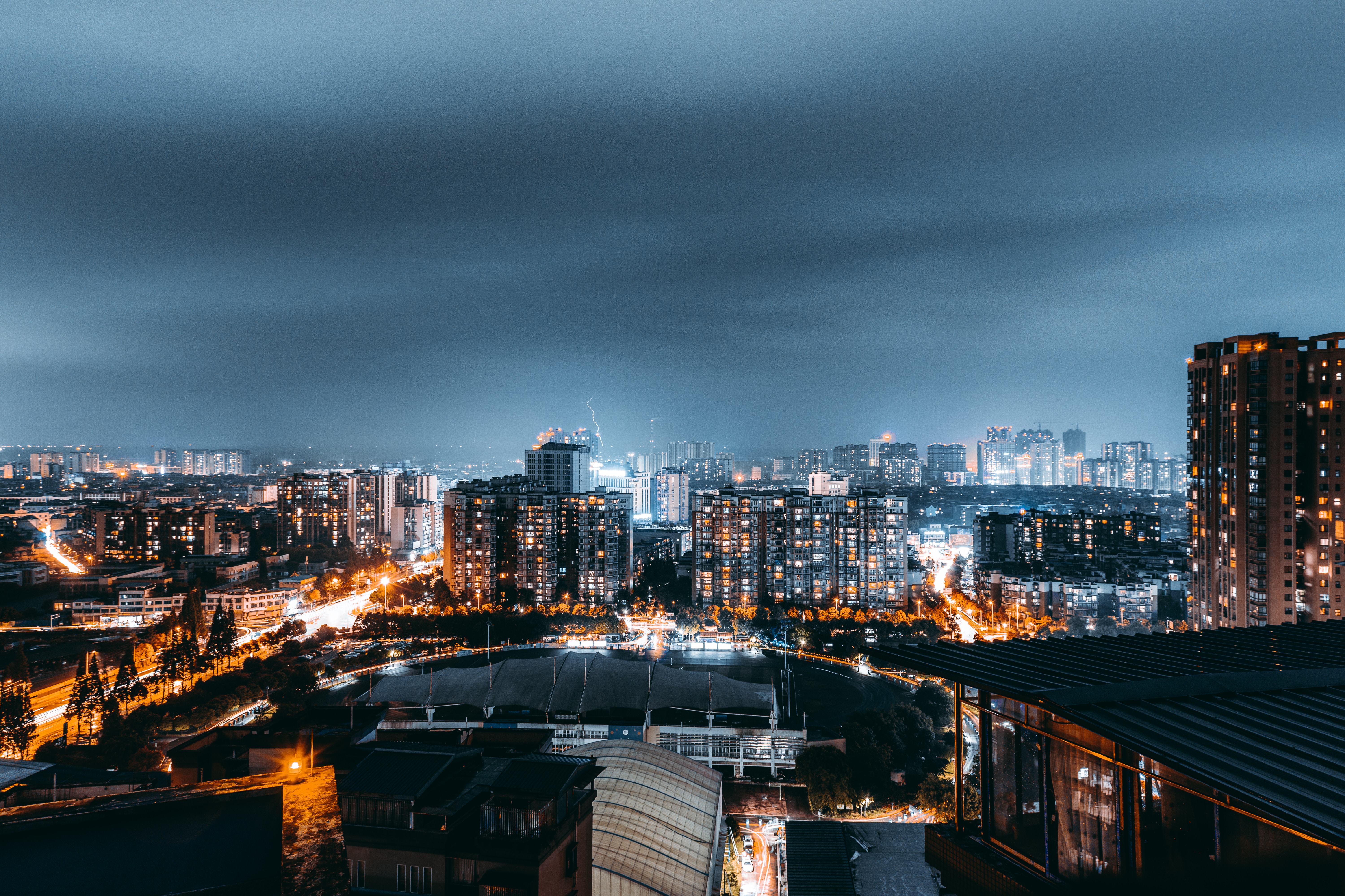 Free download wallpaper Cities, Building, Night City, Lights, View From Above, Architecture, Storm, Thunderstorm on your PC desktop