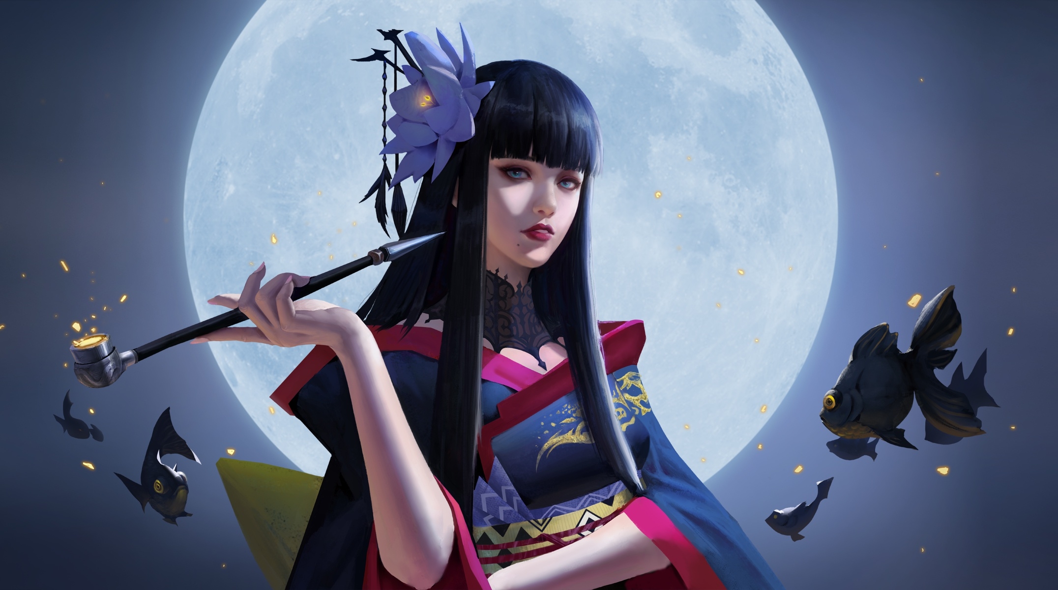 fantasy, women, asian, full moon, kimono, lotus, pipe