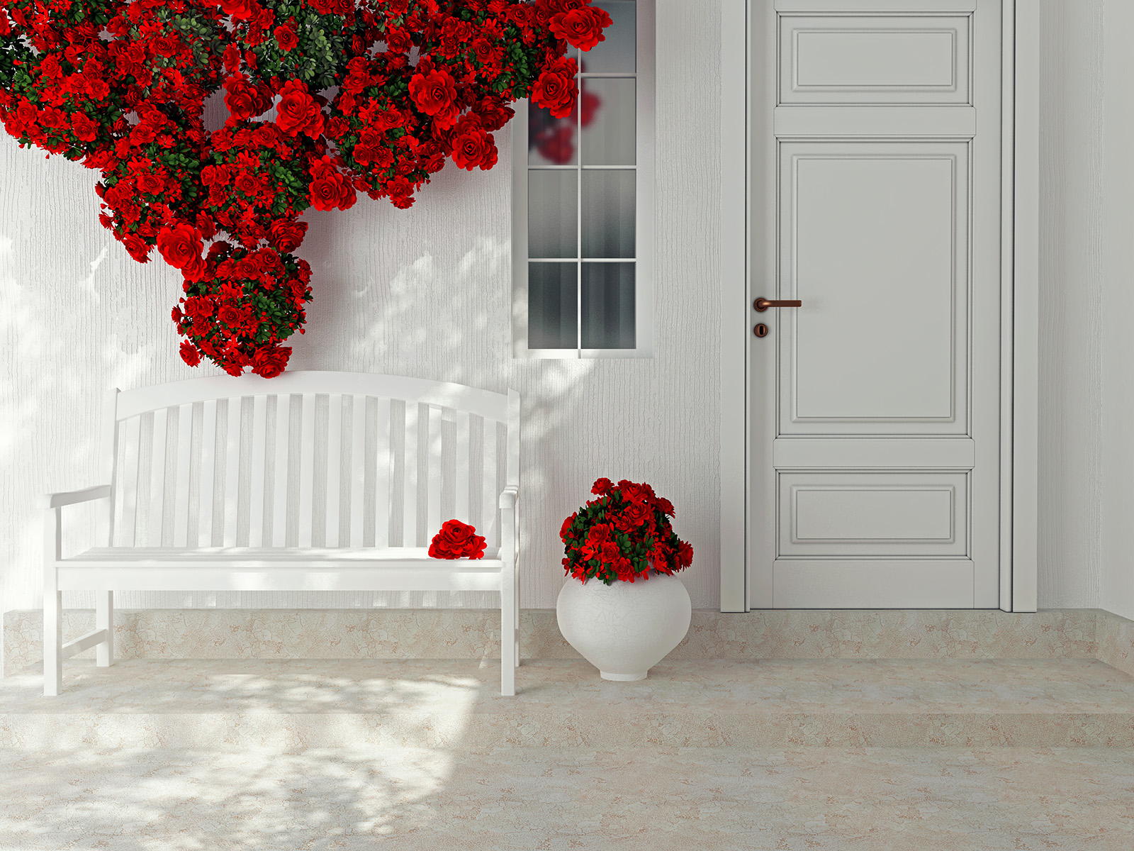 759307 скачать картинку ваза, дверь, красный цветок, скамейка, сделано человеком, цветок, белый - обои и заставки бесплатно