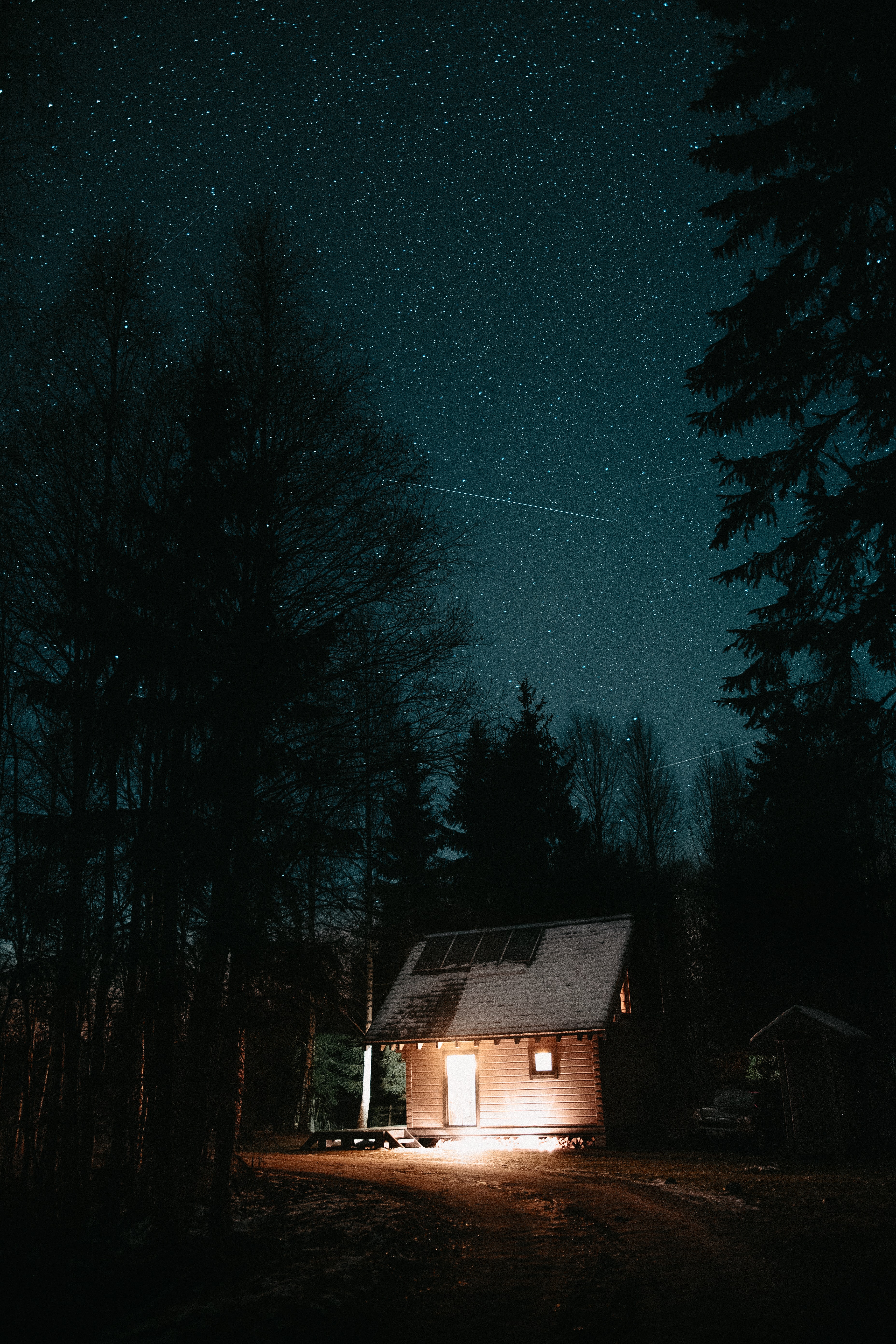night, shine, darkness, trees, dark, light, starry sky, house 1080p