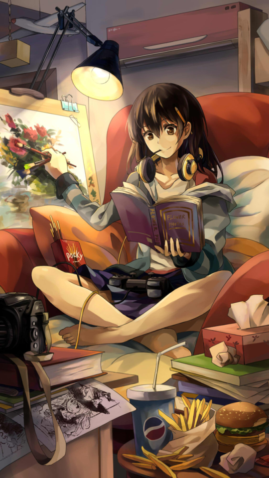 girl, anime, lamp, headphones, easel, book Phone Background