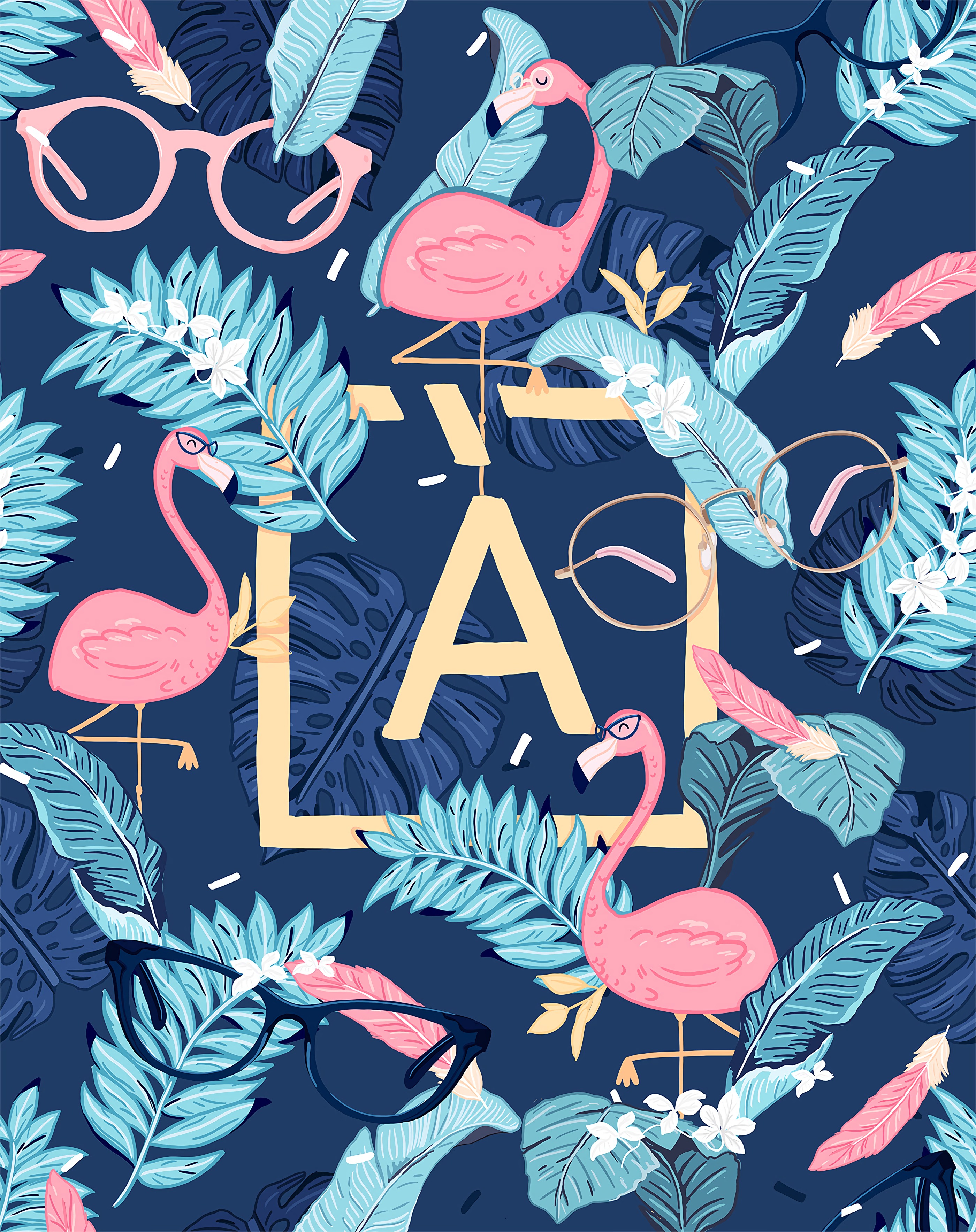 flamingo, art, leaves, glasses, spectacles, letter