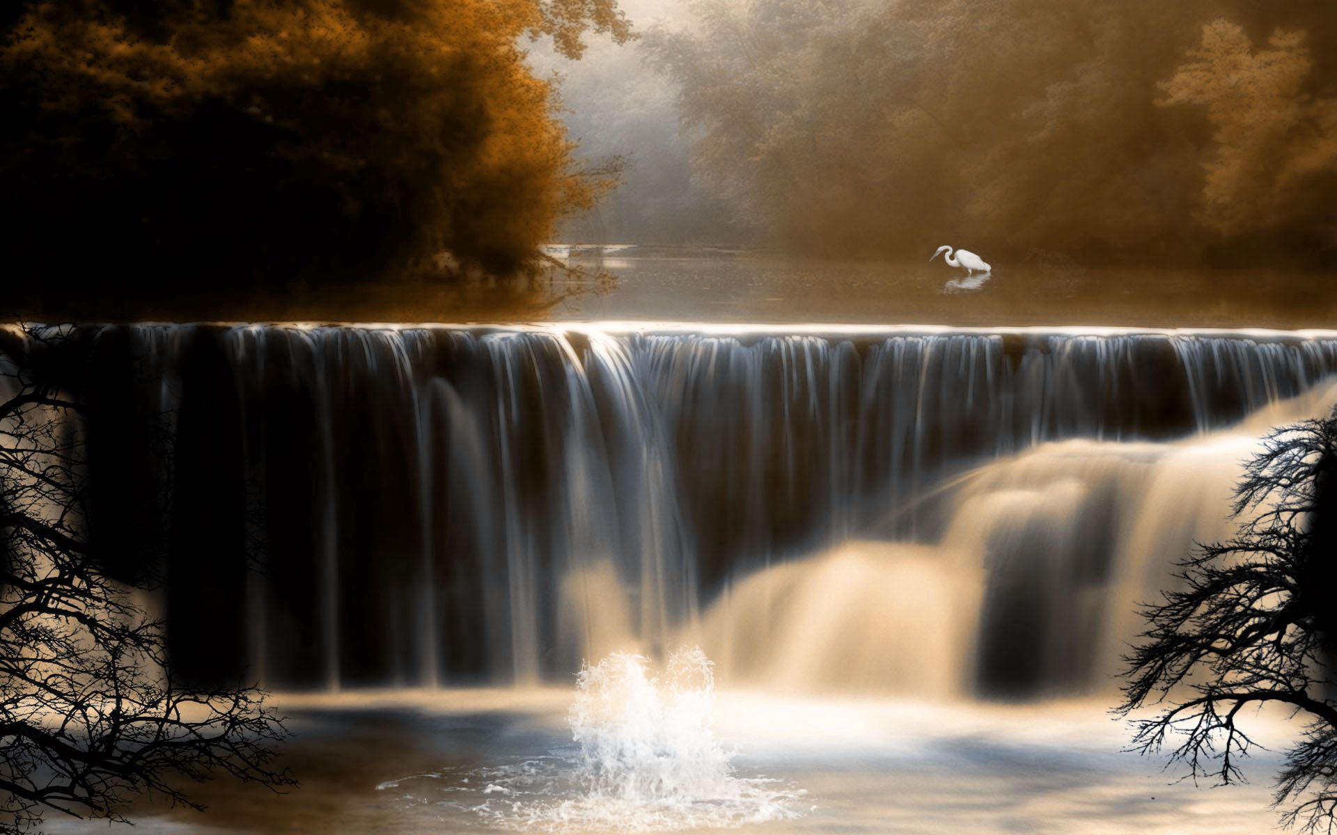 Download mobile wallpaper Crane, Waterfall, Trees, Water, Nature, Bird for free.