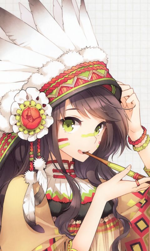 anime, original, pipe, smile, feather, flower, long hair, brown hair, headdress, green eyes iphone wallpaper