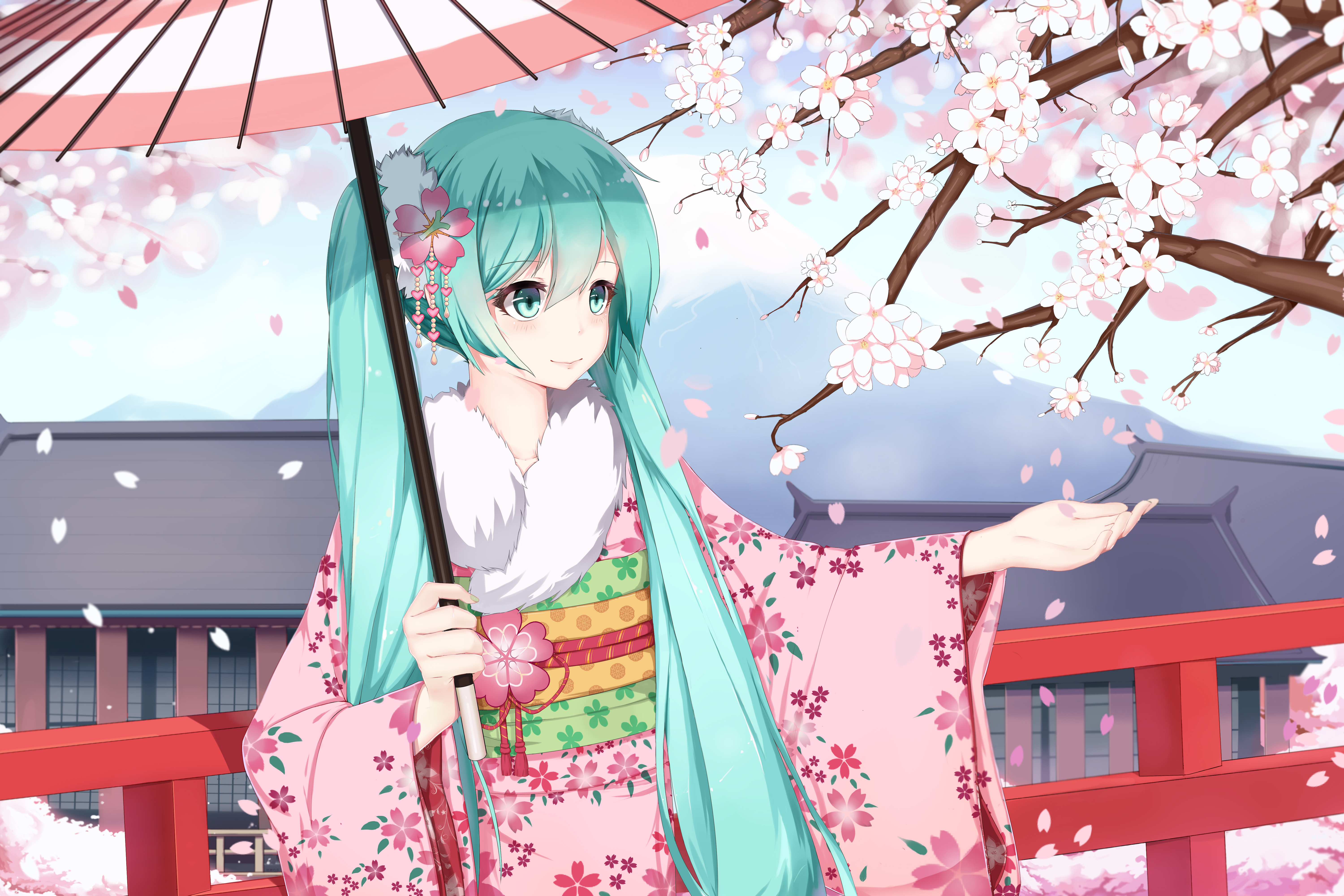anime, vocaloid, blue eyes, blue hair, hatsune miku, kimono, petal, sakura blossom, twintails, umbrella 1080p