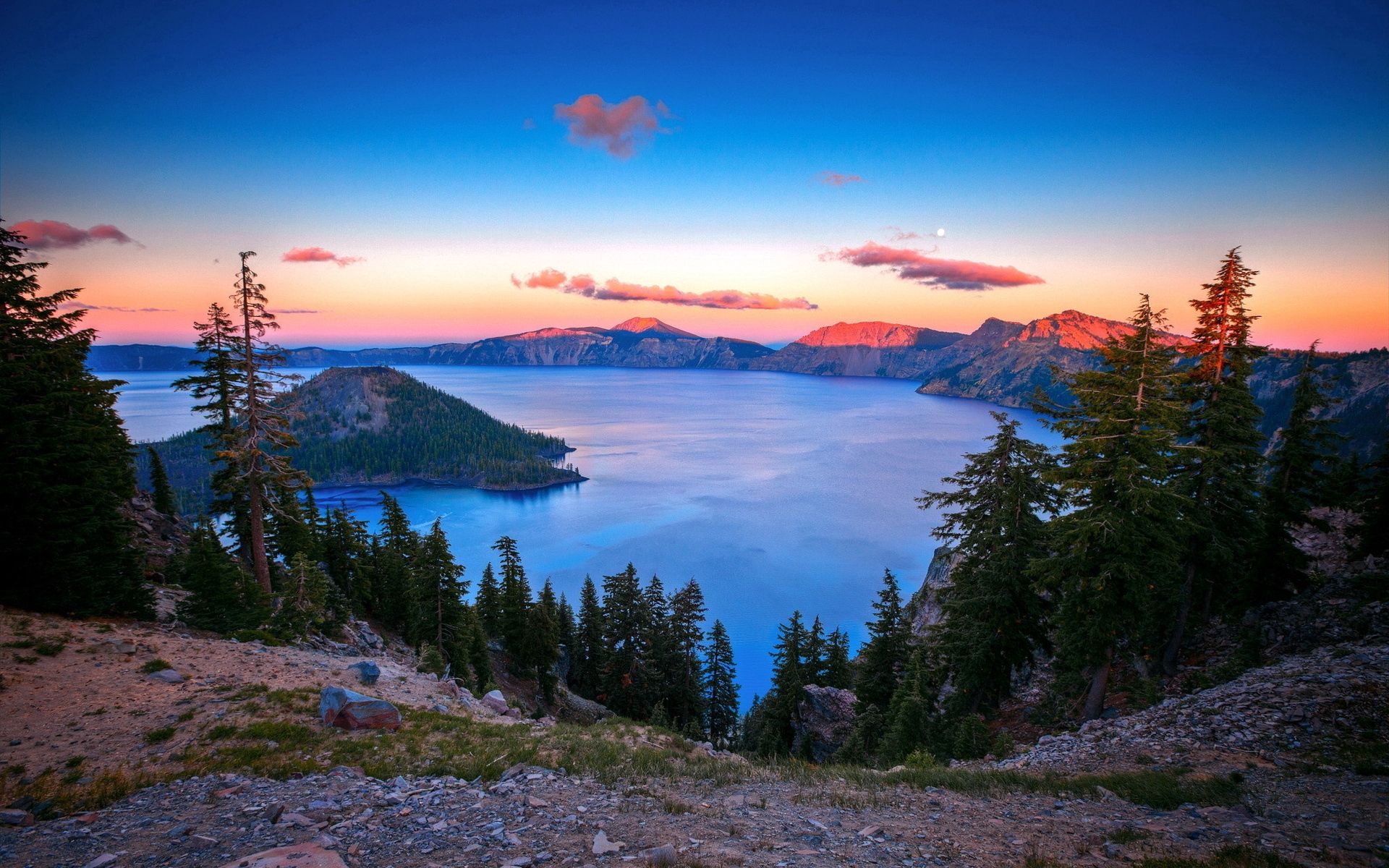 nature, trees, sunset, sky, mountains, clouds, lake, height, island, islet, rocky, stony