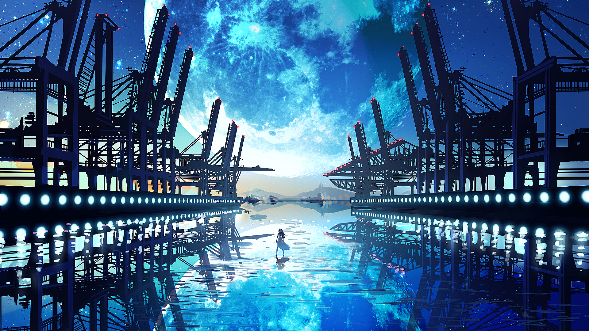 original, horizon, moon, reflection, anime, dress lock screen backgrounds
