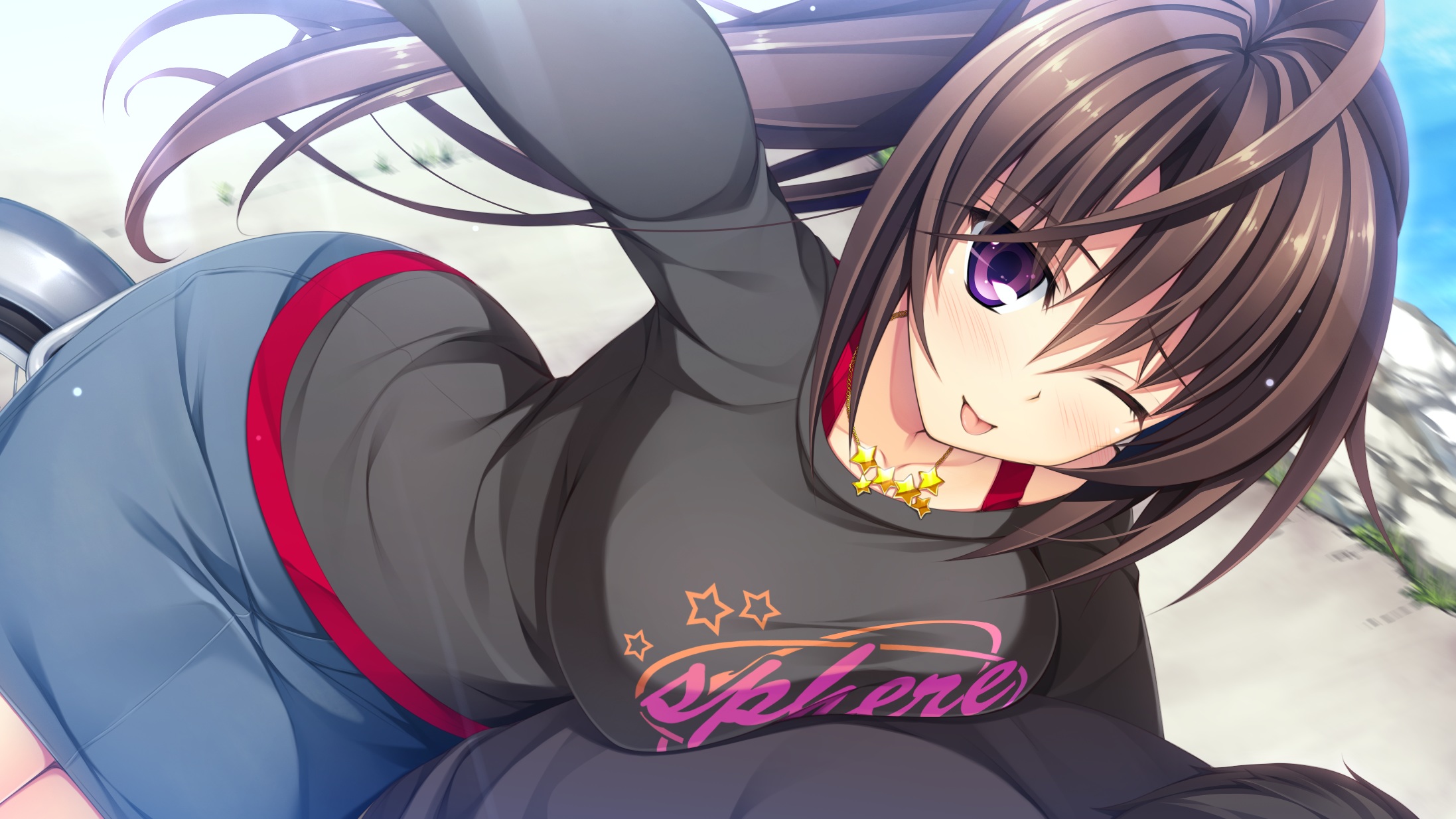 pretty x cation 2, anime, pretty x cation, blush, brown hair, long hair, necklace, ponytail, purple eyes, tongue, wink