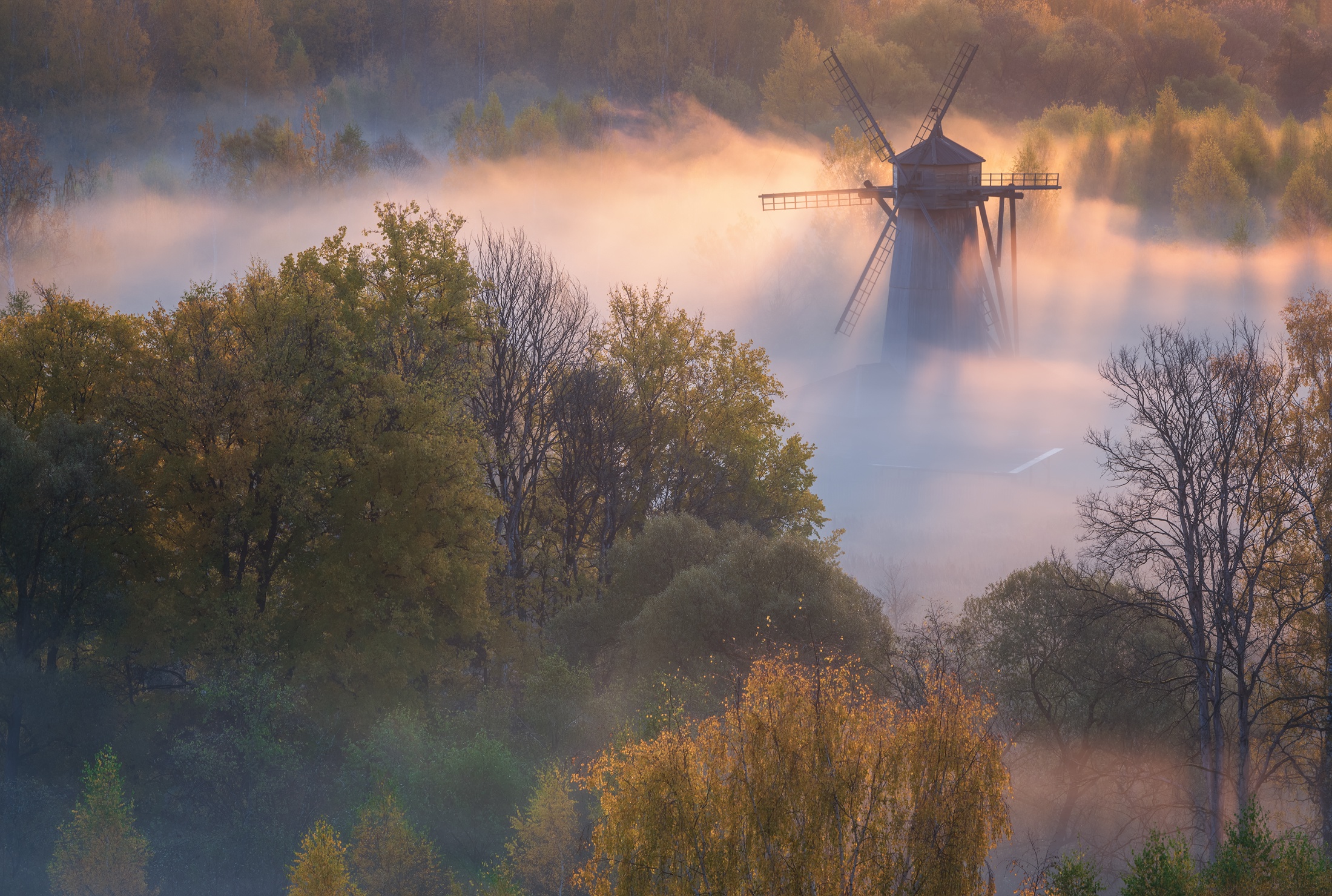 Download mobile wallpaper Dawn, Fog, Windmill, Man Made for free.