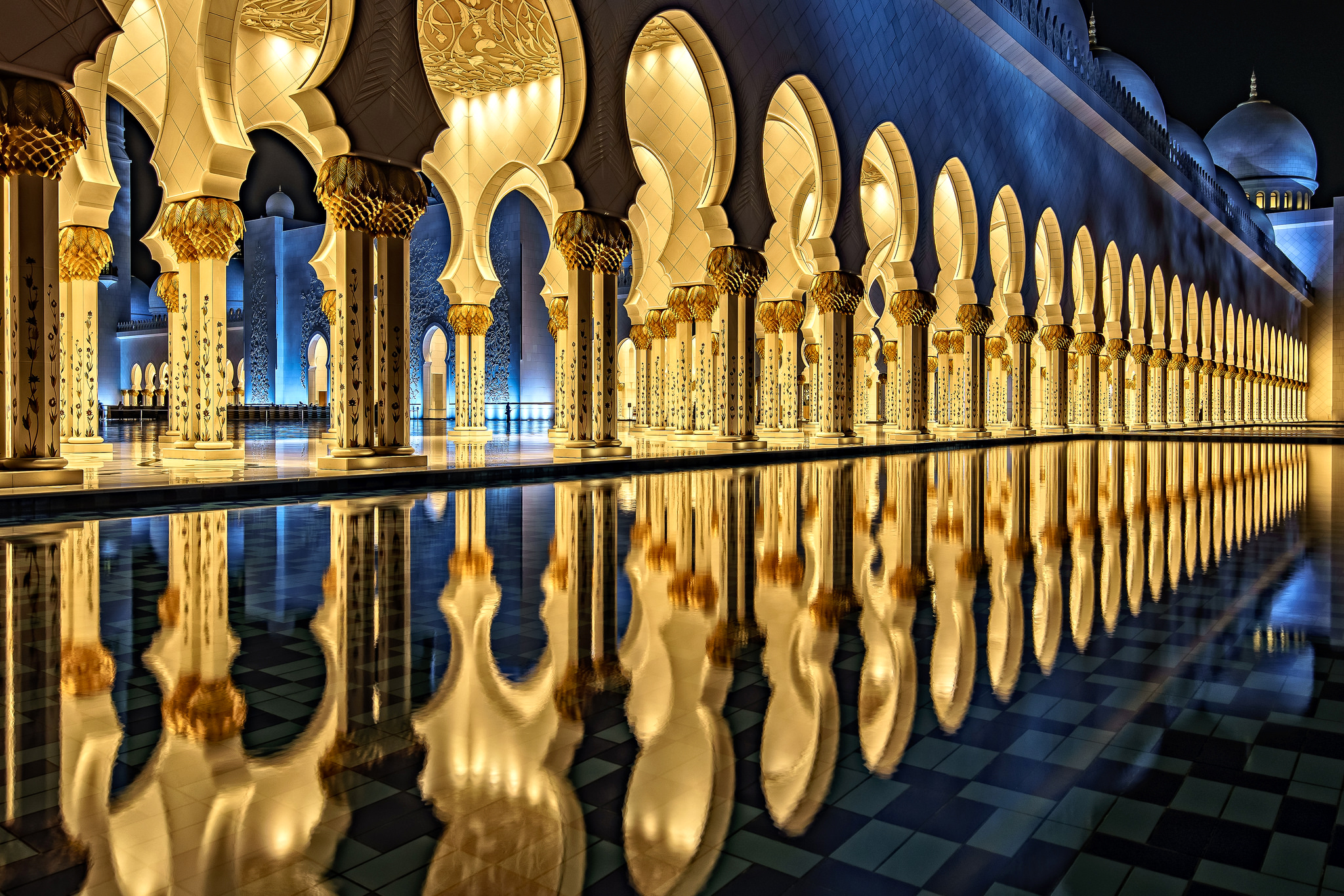 abu dhabi, mosque, sheikh zayed grand mosque, religious, architecture, light, night, reflection, mosques