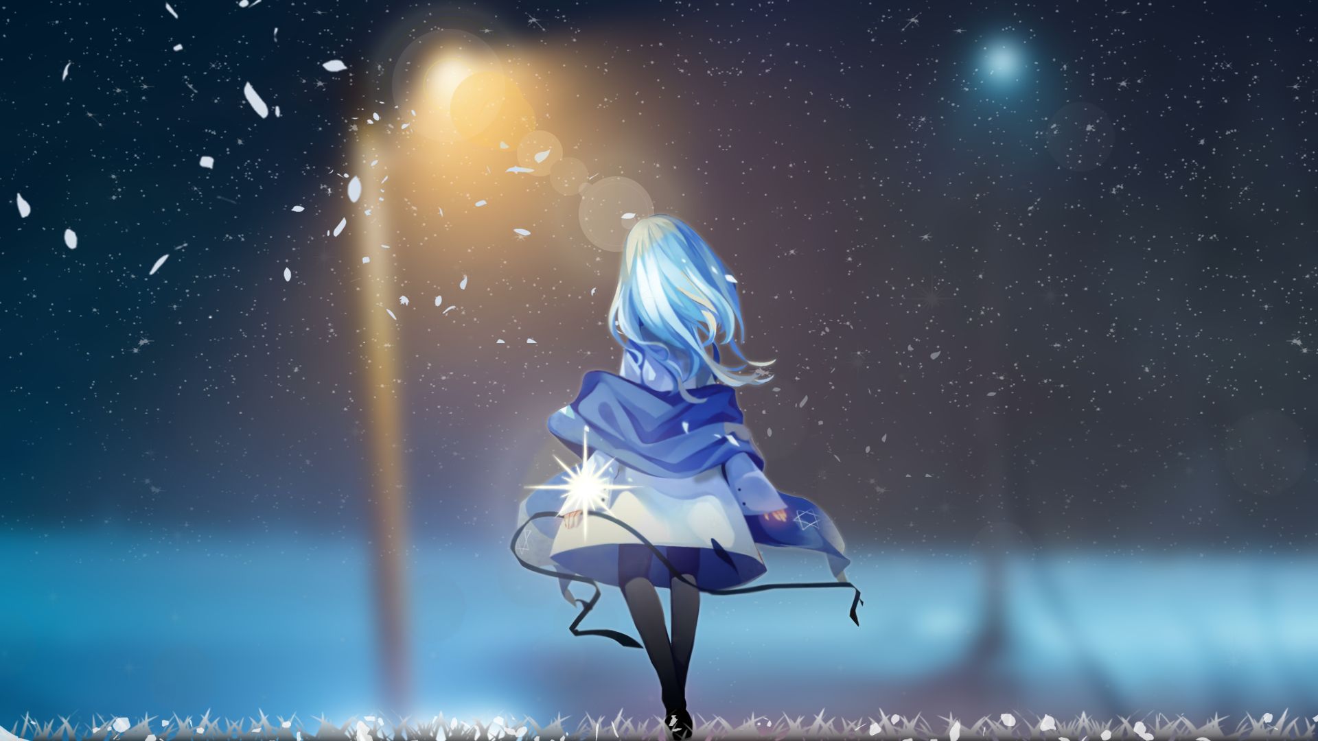 Аниме синие волосы девушка на фоне снега