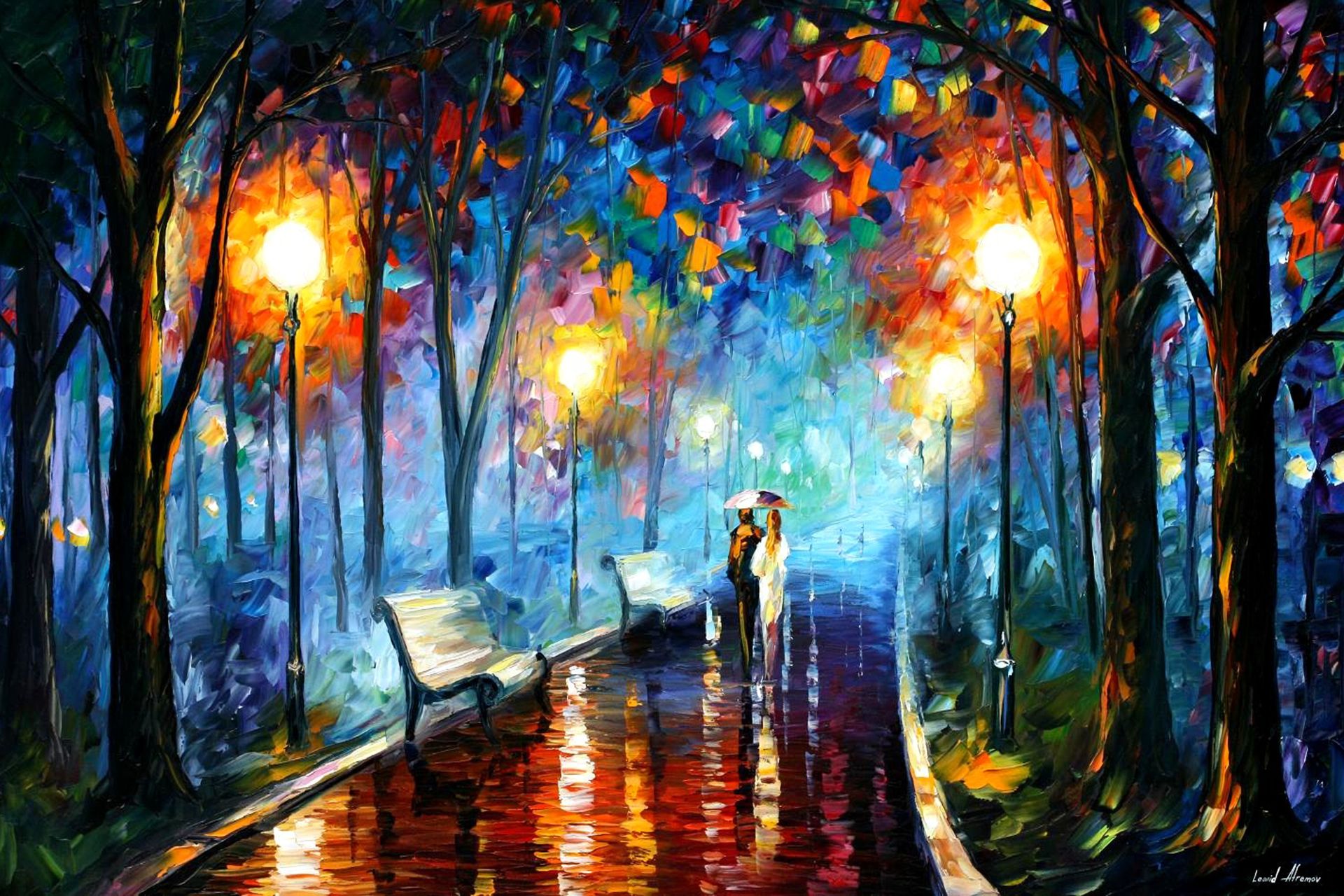 Free download wallpaper Rain, Light, Park, Couple, Colorful, Painting, Artistic on your PC desktop