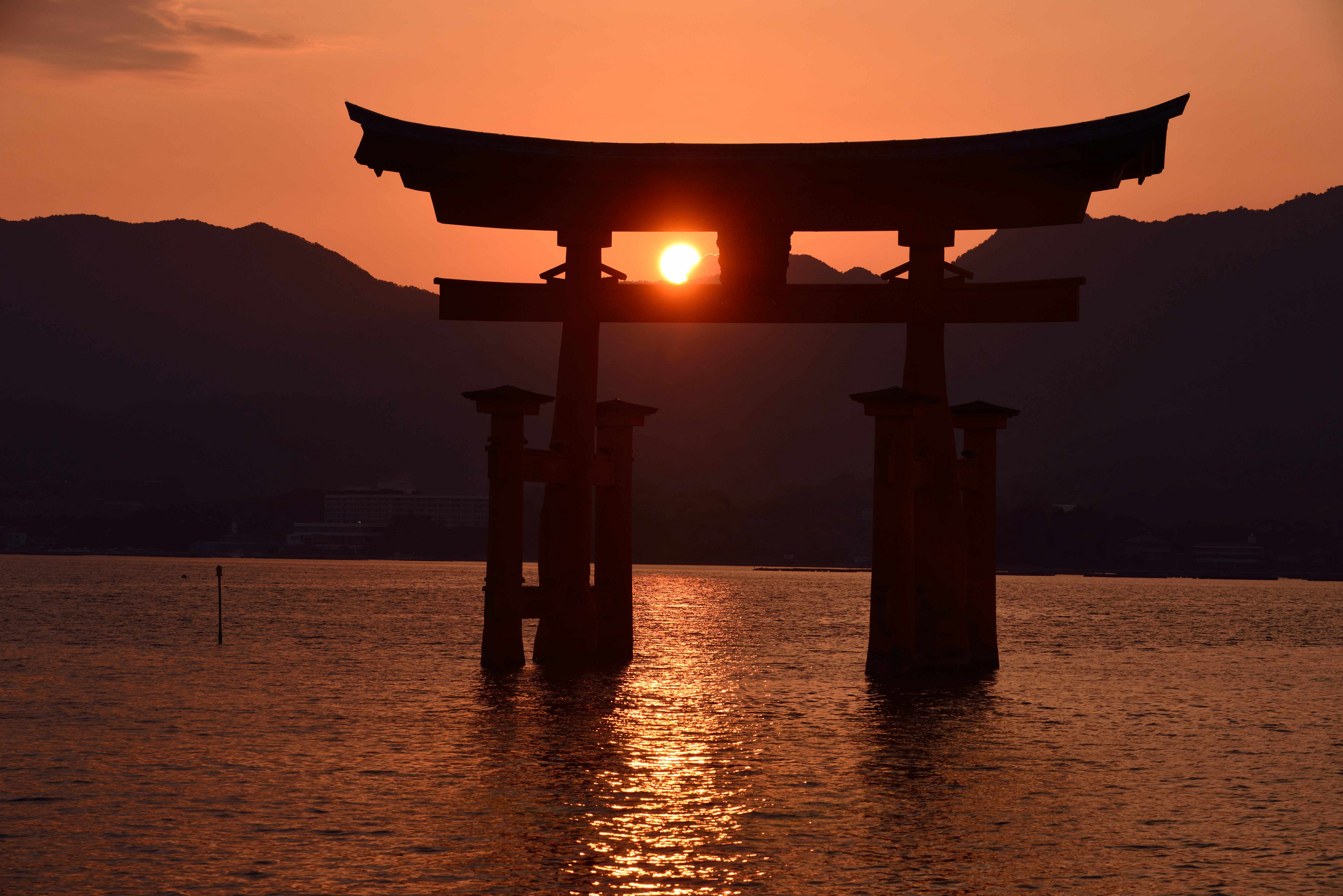 japan, religious, itsukushima gate, hatsukaichi, hiroshima, itsukushima, mountain, sunset, torii
